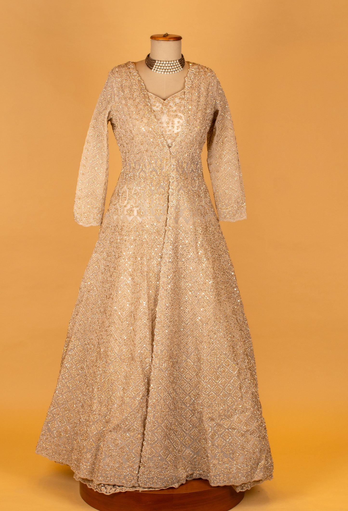 Luxury Golden Embellished Full Sleeve Bridal Anarkali – Heavy Sequence & Hand Embroidery Work