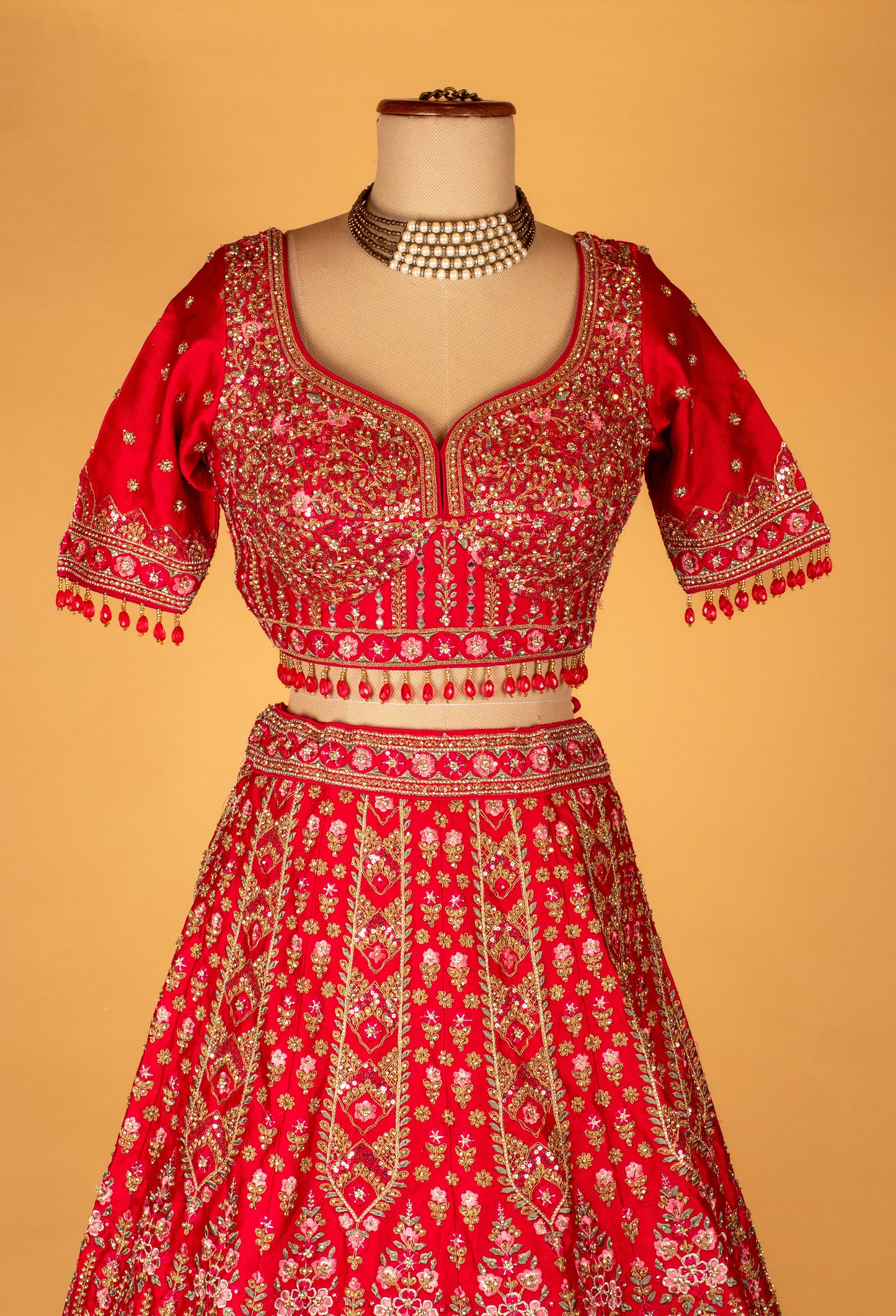 " Ruby Red Heavy Embroidered Crop Top Lehenga Set with Designer Dupatta – Bridal & Festive Wear"