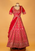 " Ruby Red Heavy Embroidered Crop Top Lehenga Set with Designer Dupatta – Bridal & Festive Wear"