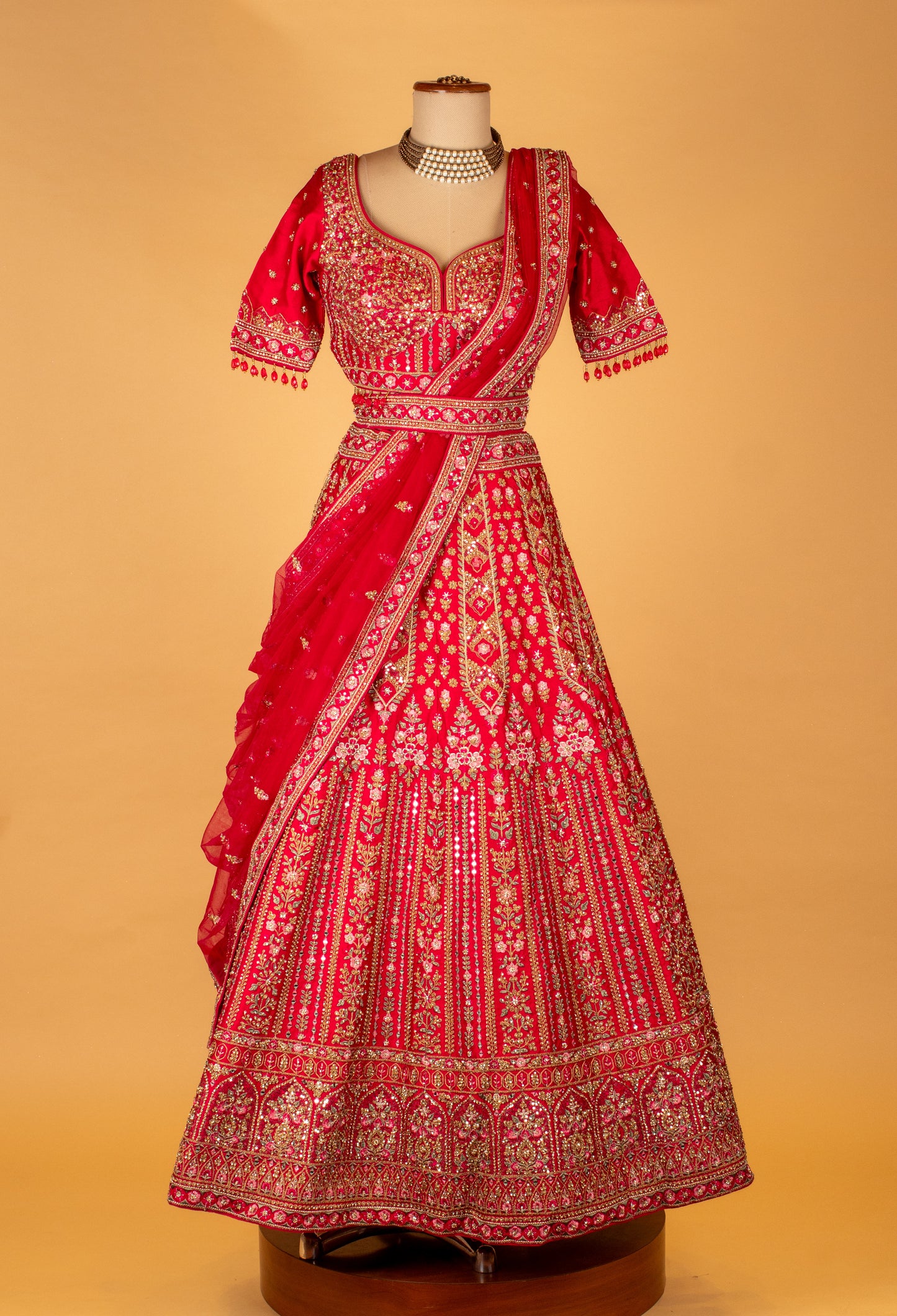 " Ruby Red Heavy Embroidered Crop Top Lehenga Set with Designer Dupatta – Bridal & Festive Wear"
