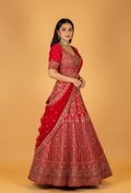" Ruby Red Heavy Embroidered Crop Top Lehenga Set with Designer Dupatta – Bridal & Festive Wear"