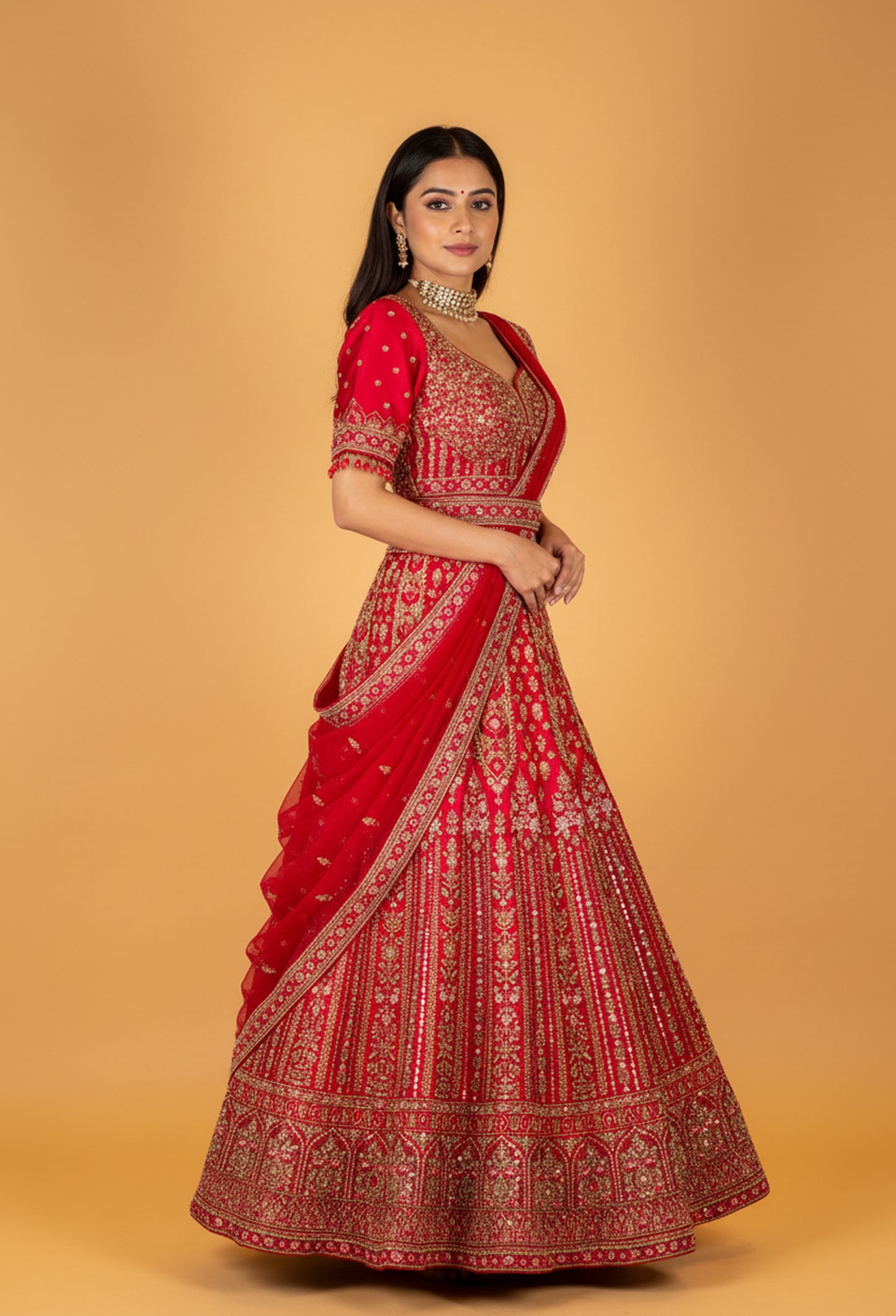 " Ruby Red Heavy Embroidered Crop Top Lehenga Set with Designer Dupatta – Bridal & Festive Wear"
