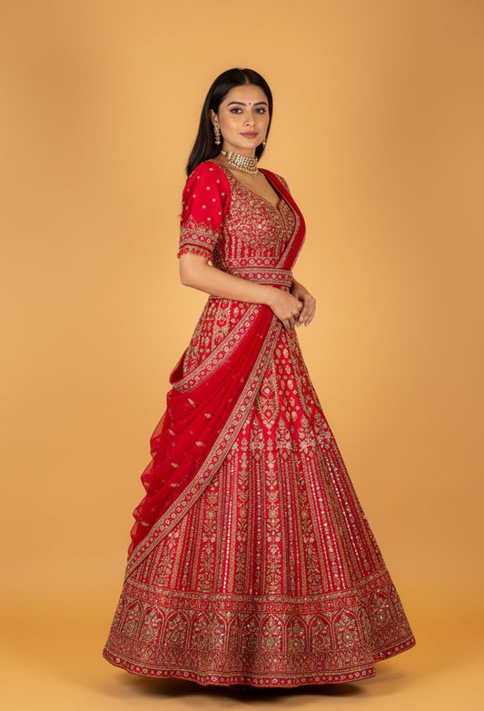 " Ruby Red Heavy Embroidered Crop Top Lehenga Set with Designer Dupatta – Bridal & Festive Wear"
