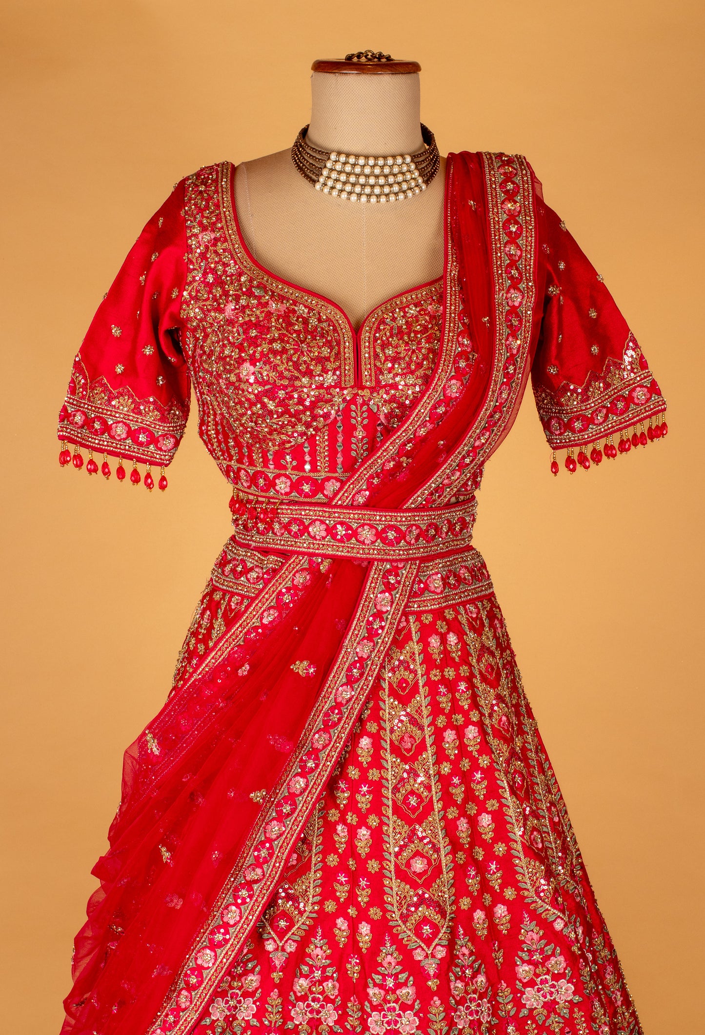 " Ruby Red Heavy Embroidered Crop Top Lehenga Set with Designer Dupatta – Bridal & Festive Wear"