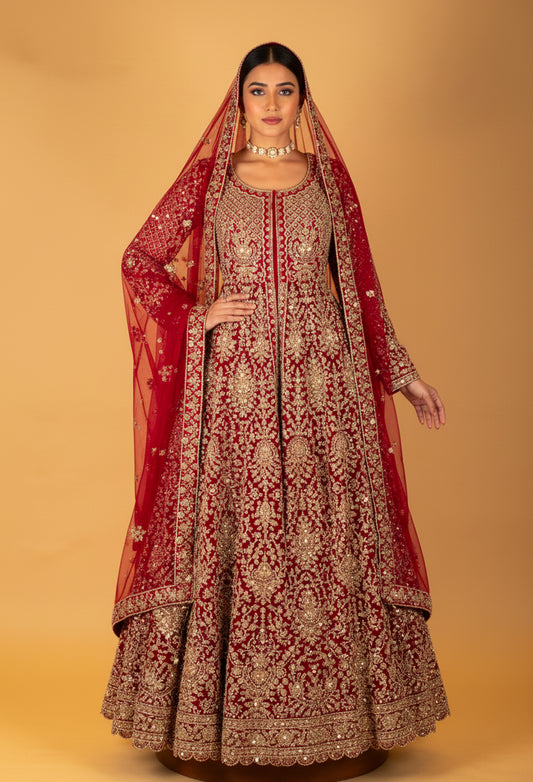 Royal red hand-embroidered bridal Anarkali with heavy zari work – product image 2