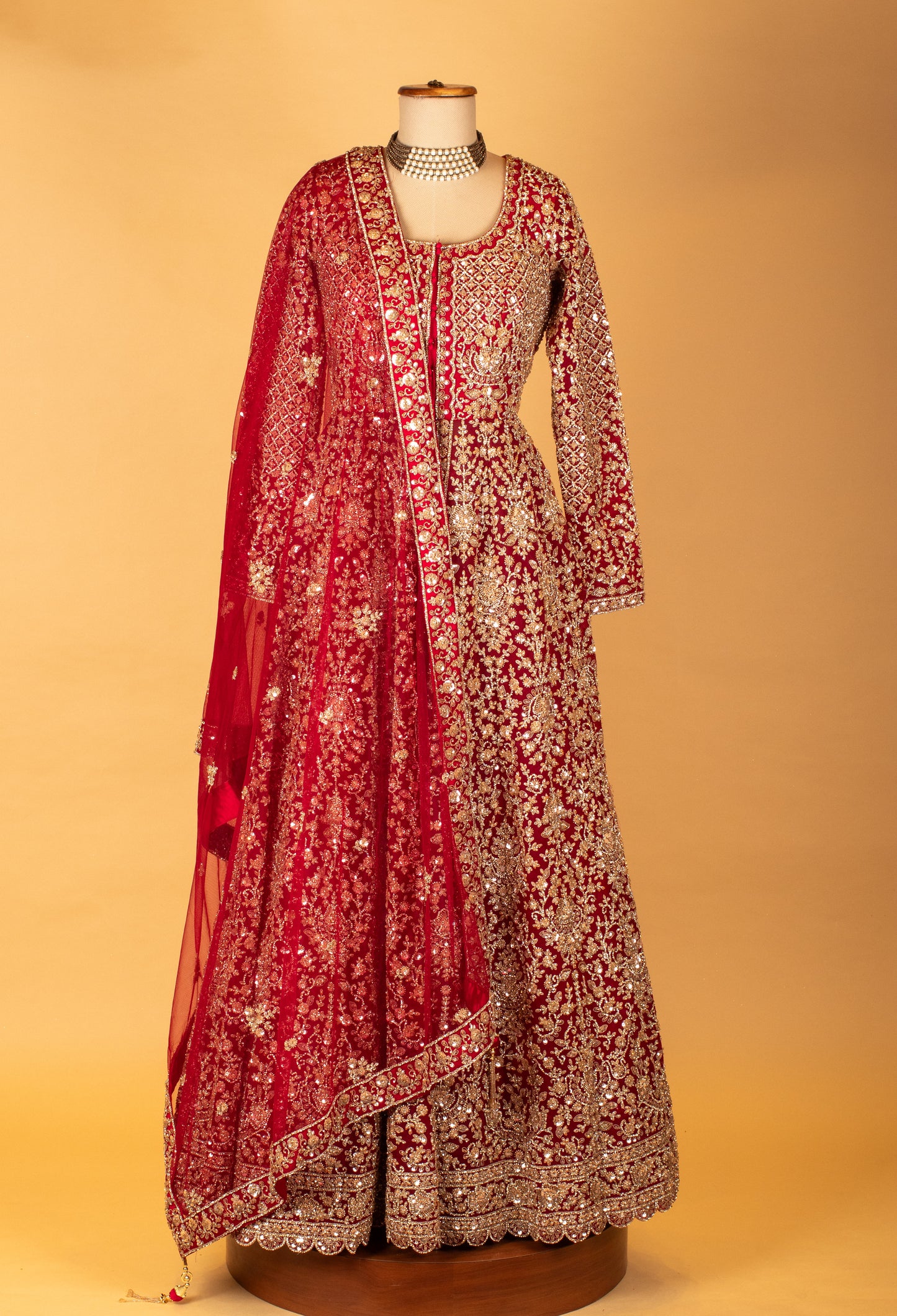 Royal Red Hand-Embroidered Bridal Anarkali with Heavy Zari & Sequins Work