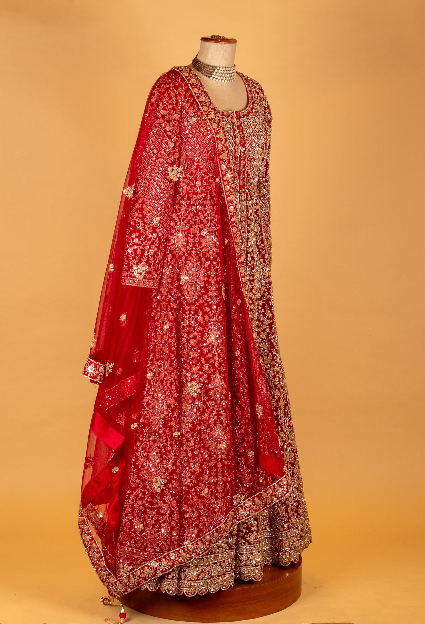 Royal Red Hand-Embroidered Bridal Anarkali with Heavy Zari & Sequins Work