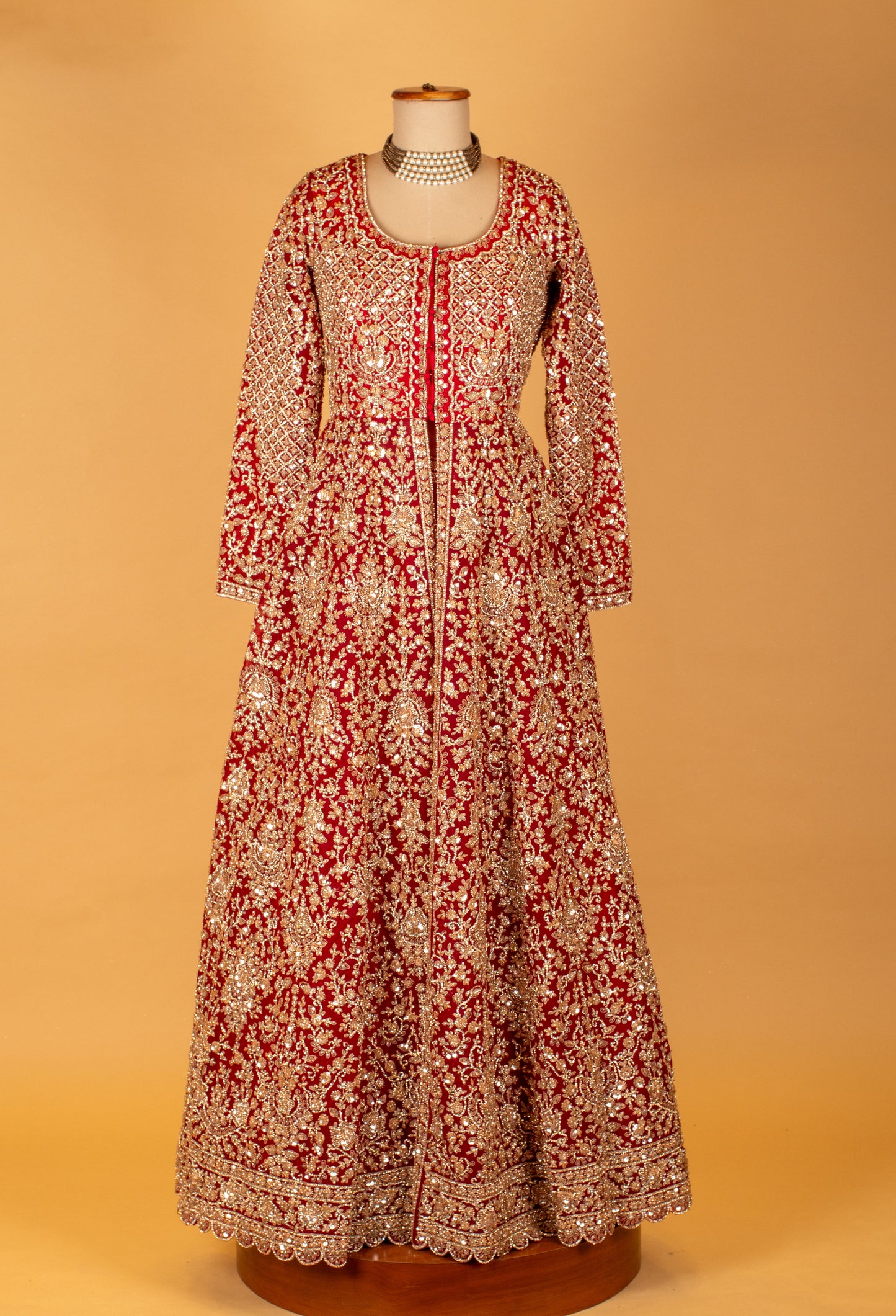 Royal Red Hand-Embroidered Bridal Anarkali with Heavy Zari & Sequins Work