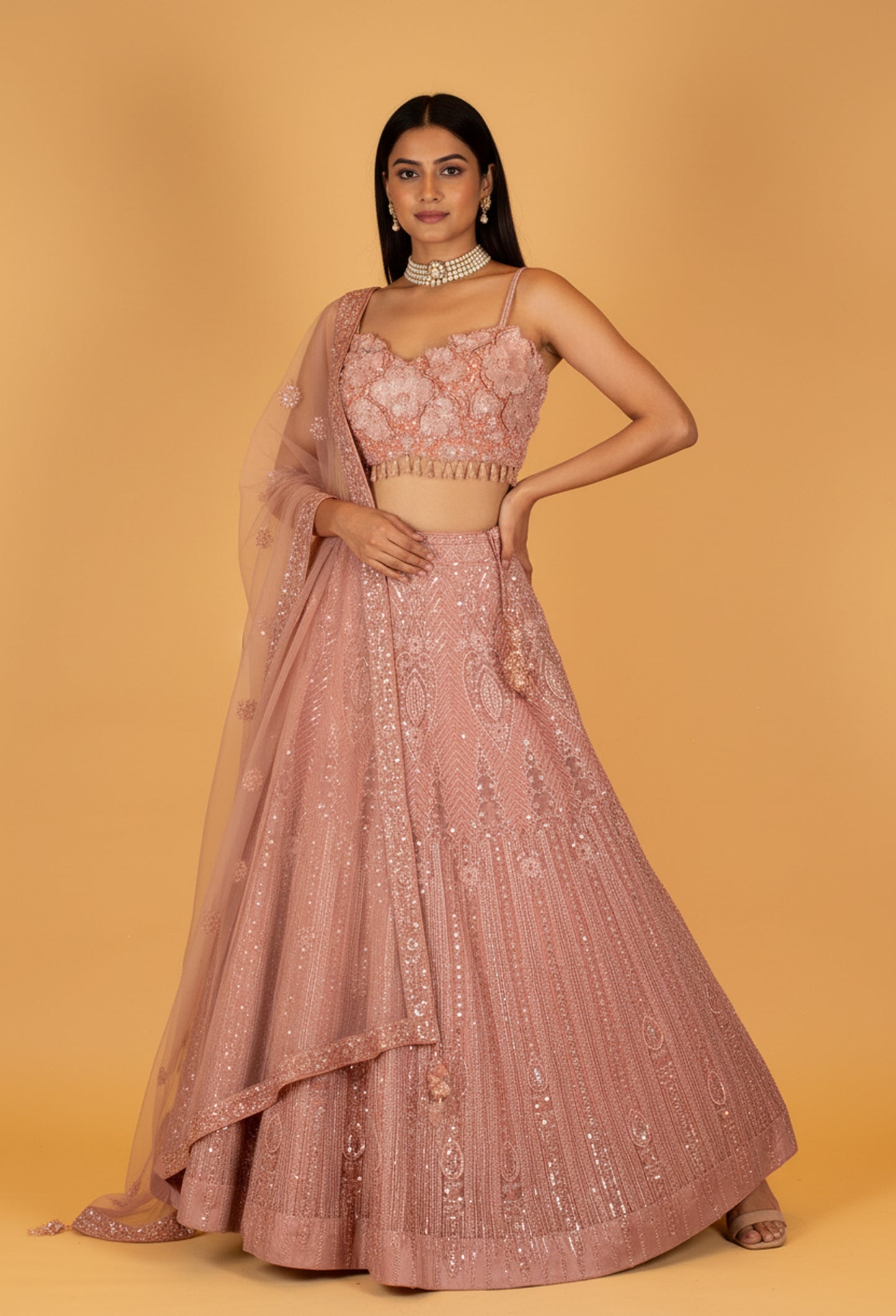 Blush Pink 3D Floral Hand-Embroidered Bridal Lehenga