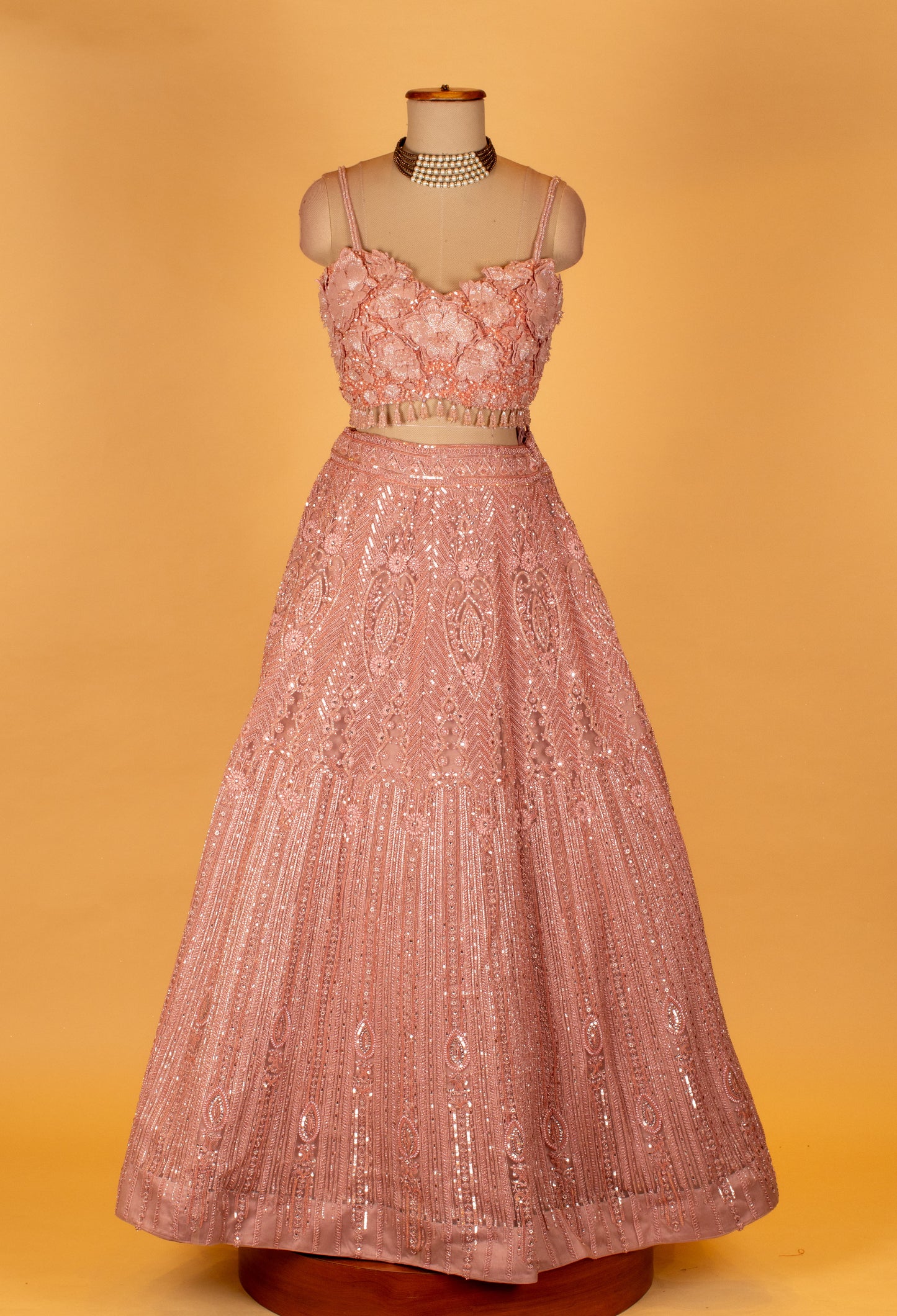 Blush Pink 3D Floral Hand-Embroidered Bridal Lehenga