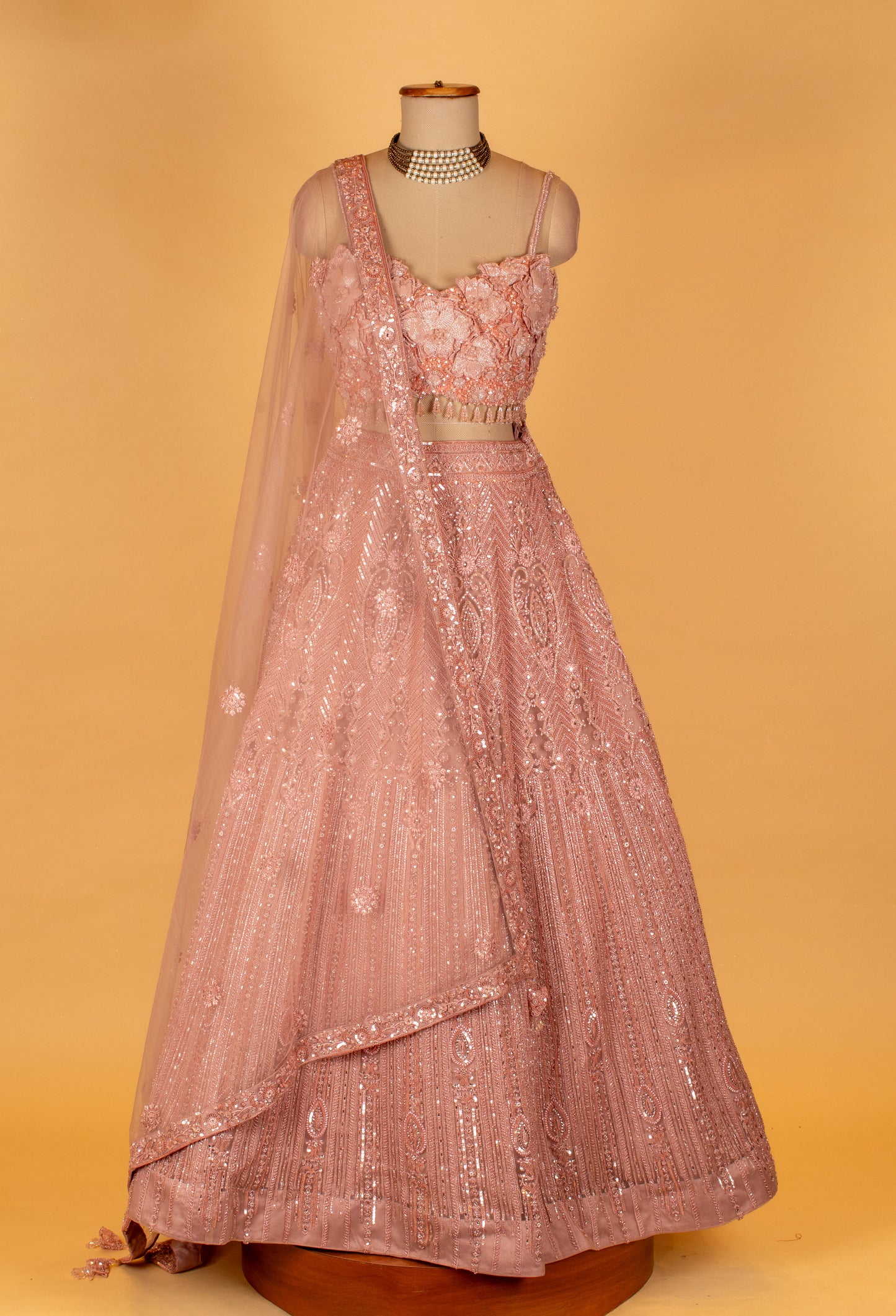 Blush Pink 3D Floral Hand-Embroidered Bridal Lehenga