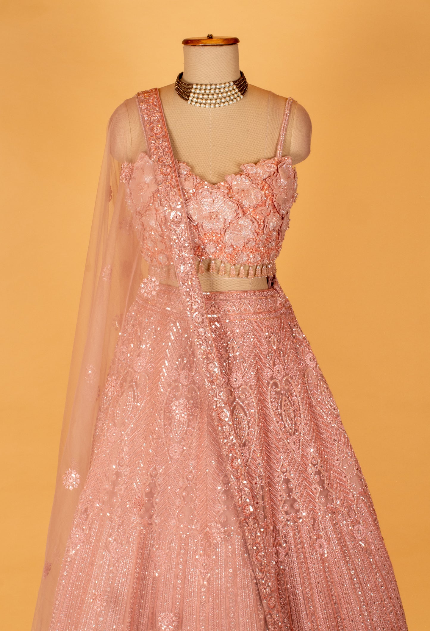 Blush Pink 3D Floral Hand-Embroidered Bridal Lehenga