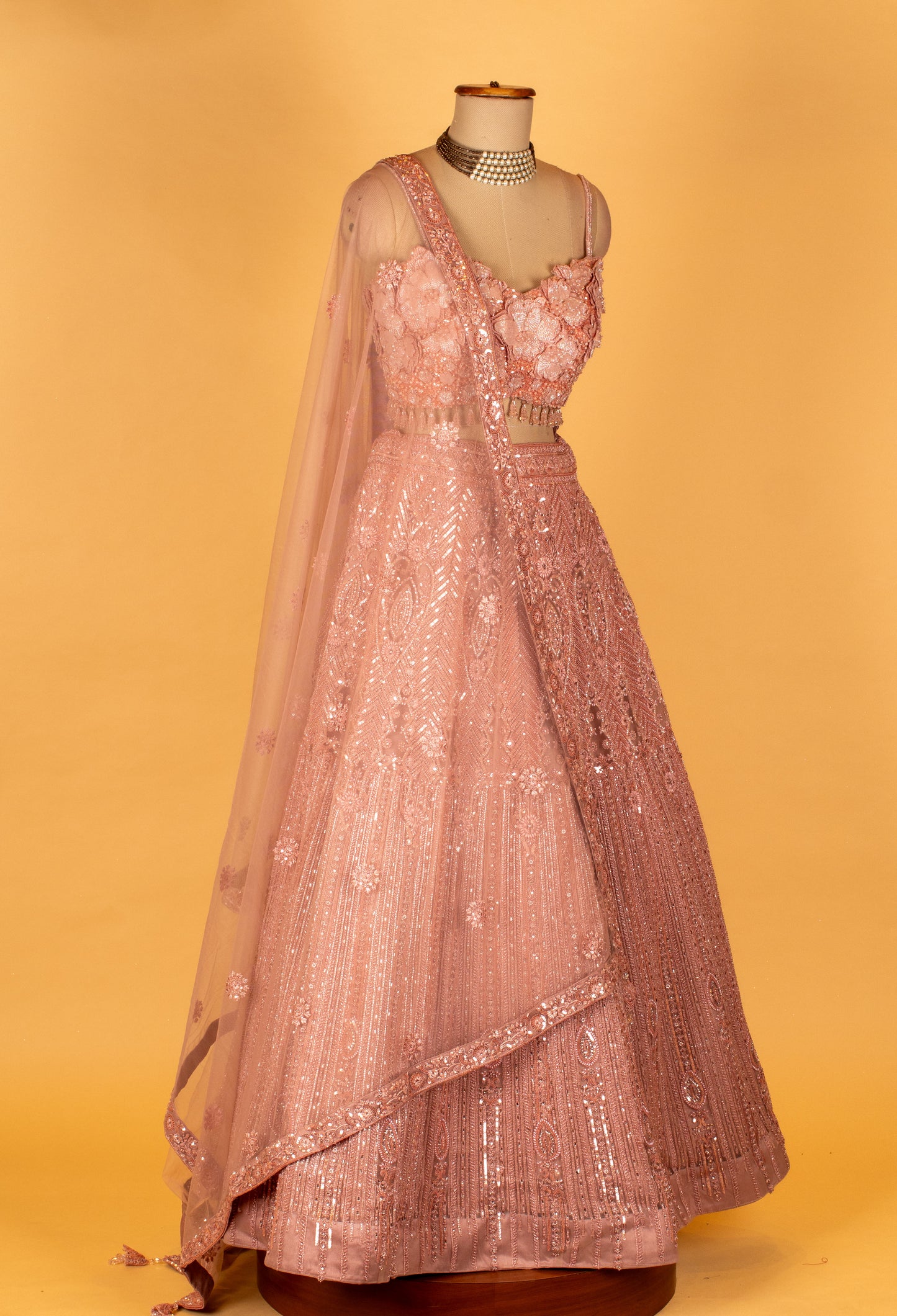 Blush Pink 3D Floral Hand-Embroidered Bridal Lehenga