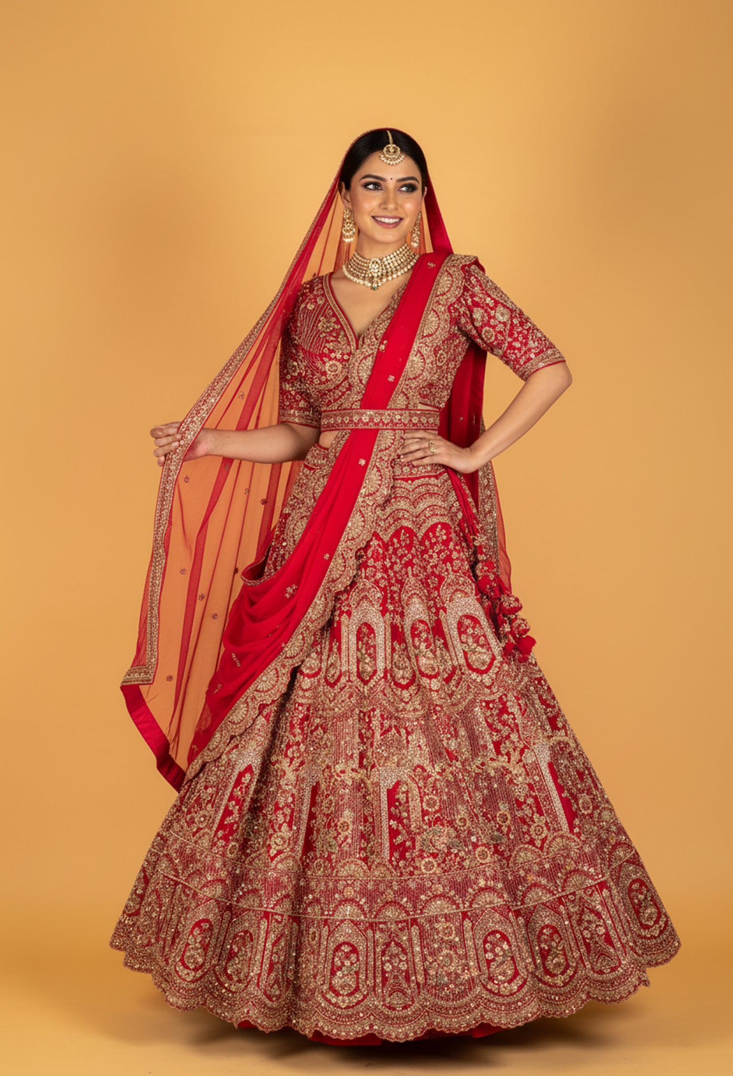 Bridal Red Heavy Embroidered Lehenga Set with Zari & Sequins Work