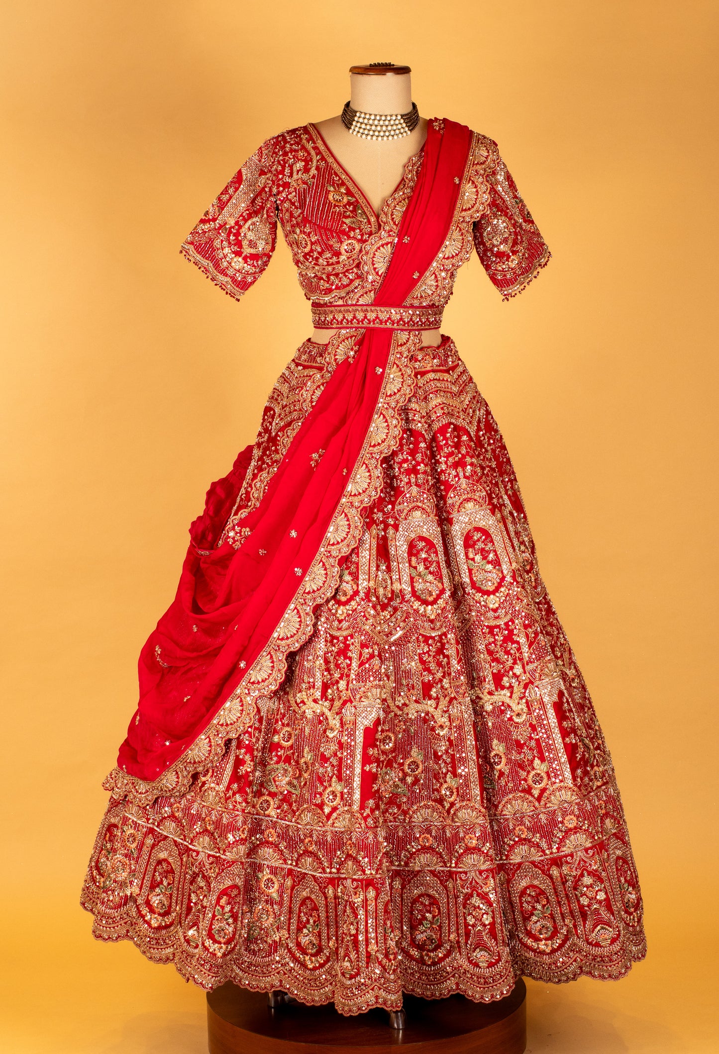 Bridal Red Heavy Embroidered Lehenga Set with Zari & Sequins Work