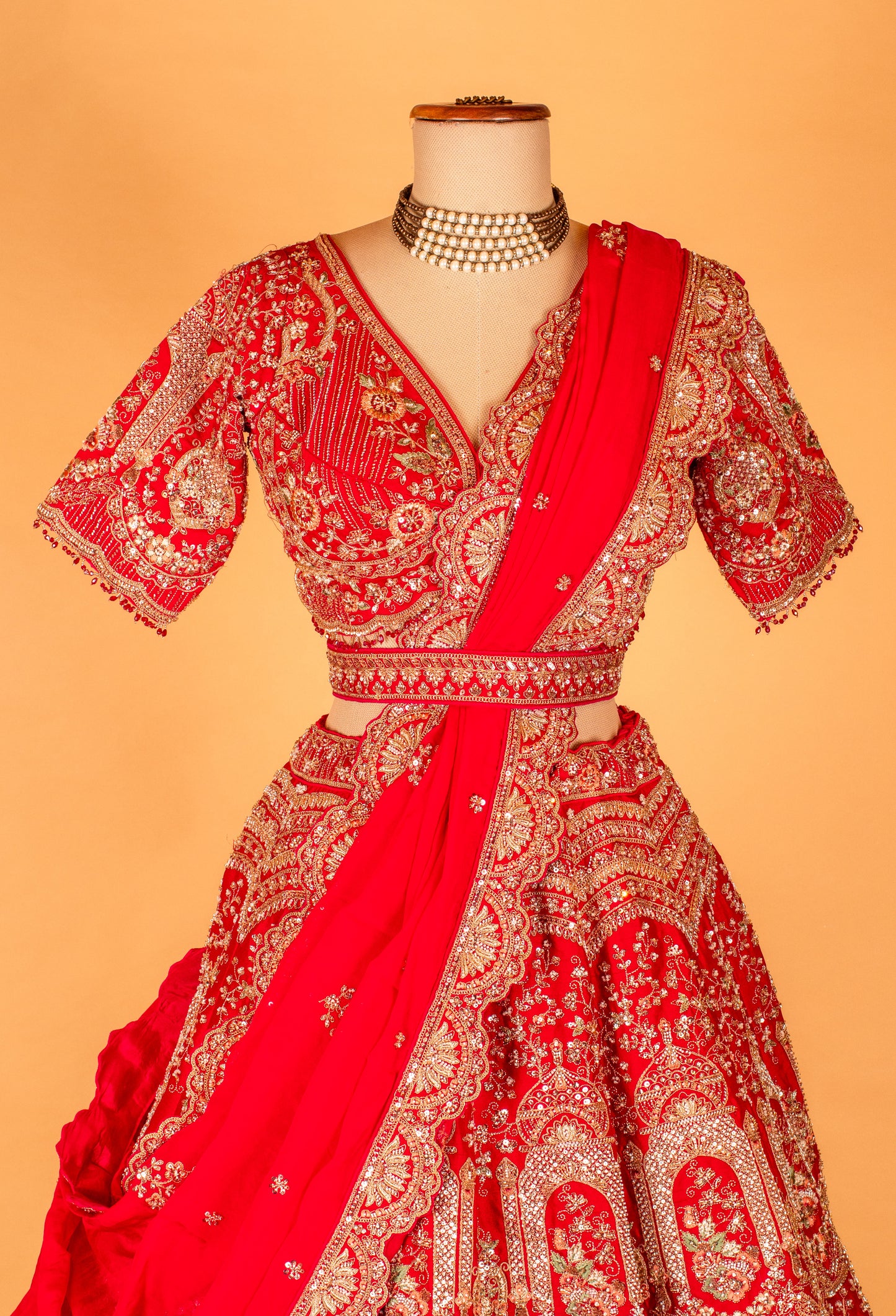 Bridal Red Heavy Embroidered Lehenga Set with Zari & Sequins Work