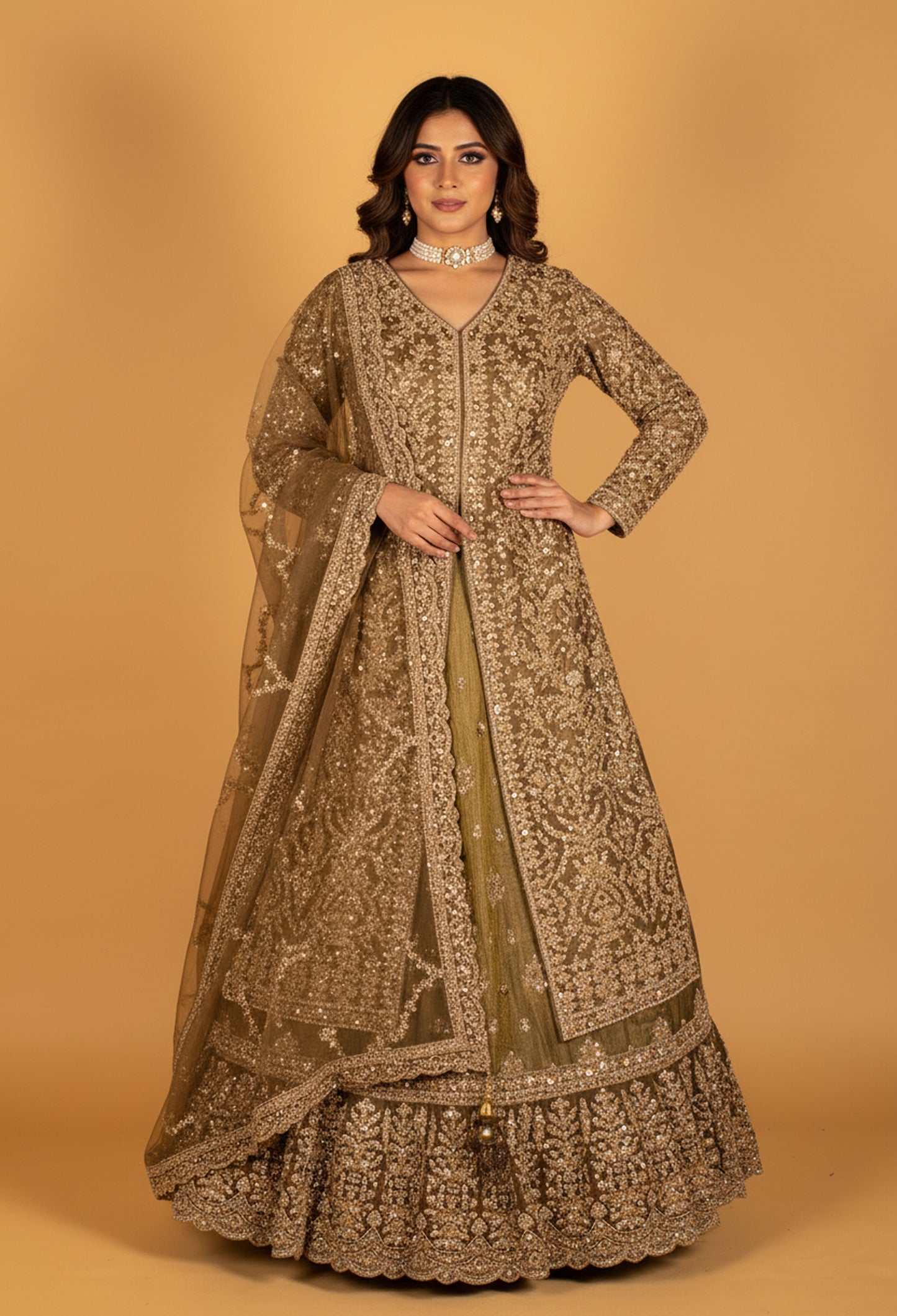 Ivory Gold Hand-Embroidered Bridal Gown with Heavy Dupatta – Premium Wedding Collection