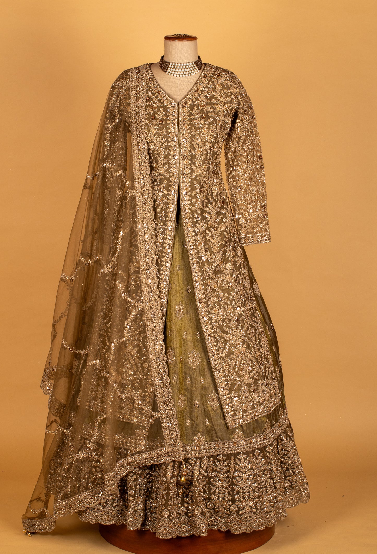 Ivory Gold Hand-Embroidered Bridal Gown with Heavy Dupatta – Premium Wedding Collection