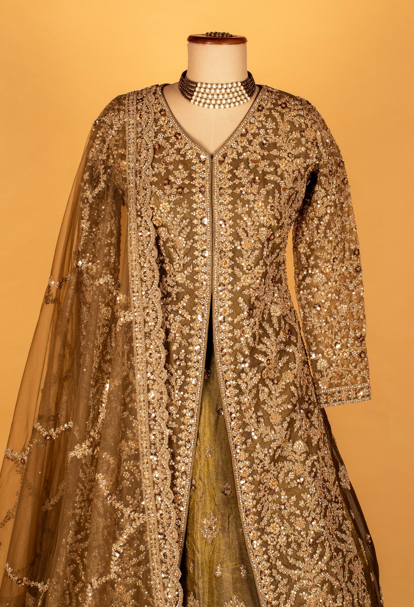 Olive Gold Heavy Embroidered Crop-Top Lehenga Set with Dupatta