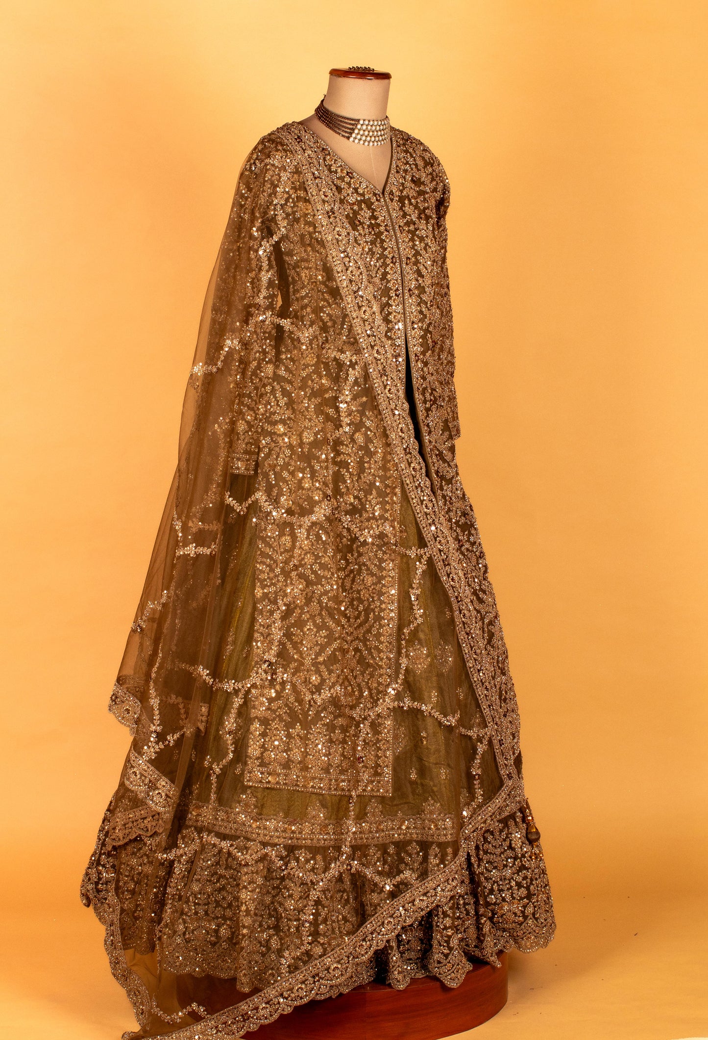 Olive Gold Heavy Embroidered Crop-Top Lehenga Set with Dupatta