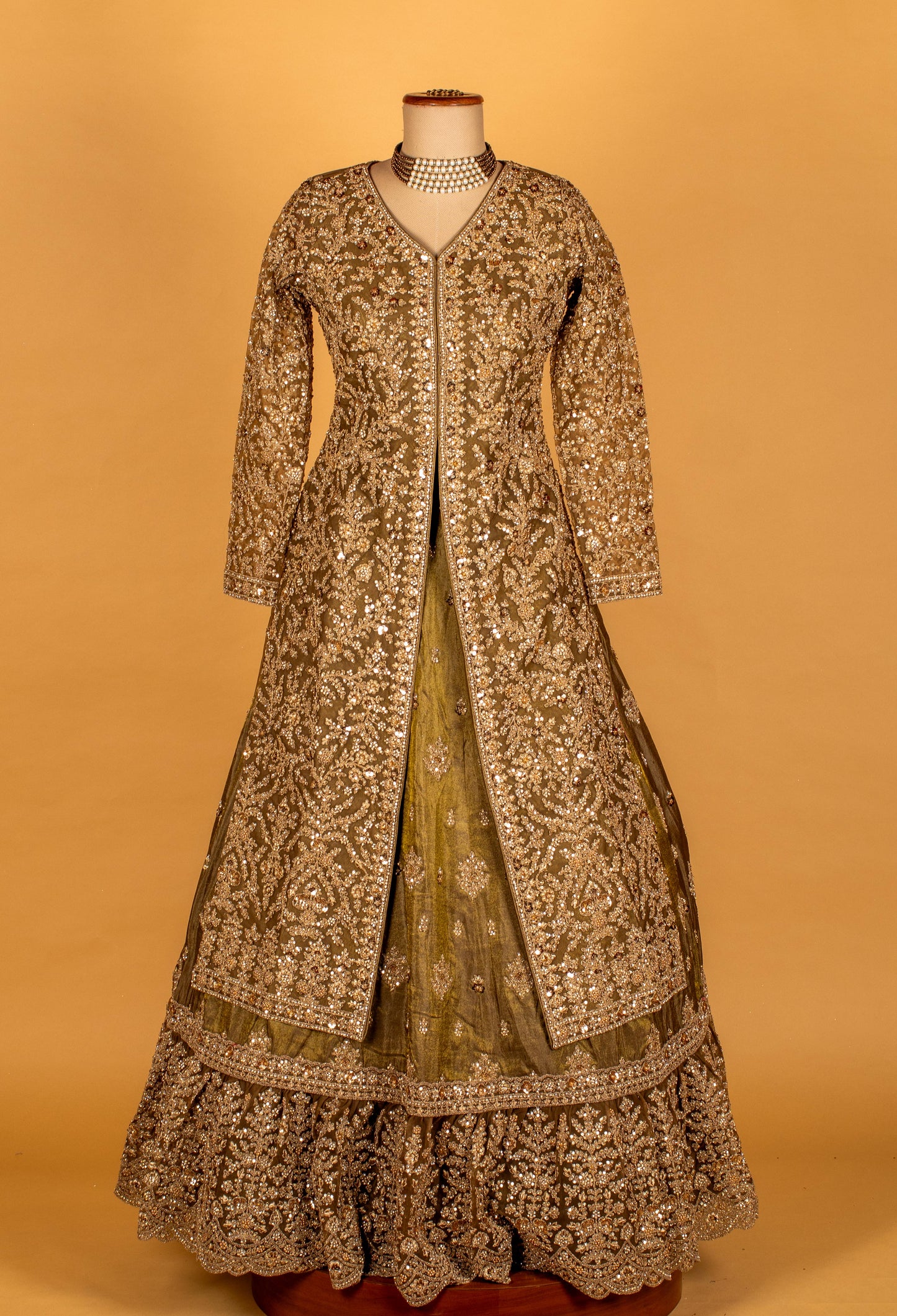 Olive Gold Heavy Embroidered Crop-Top Lehenga Set with Dupatta