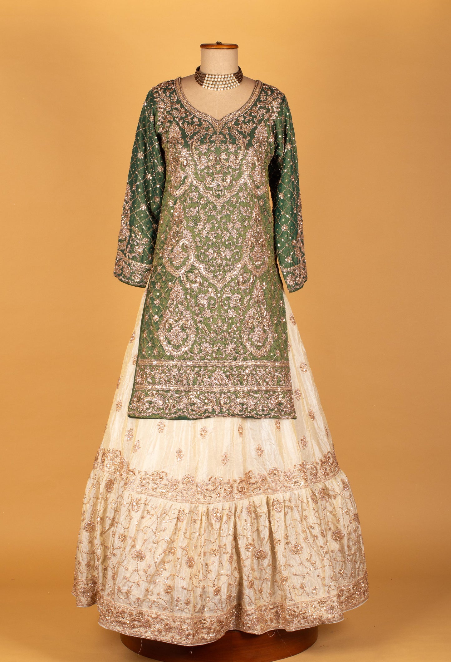 Emerald Green & Ivory Heavy Embroidered Crop Top Lehenga With Dupatta – Bridal/Designer Wear