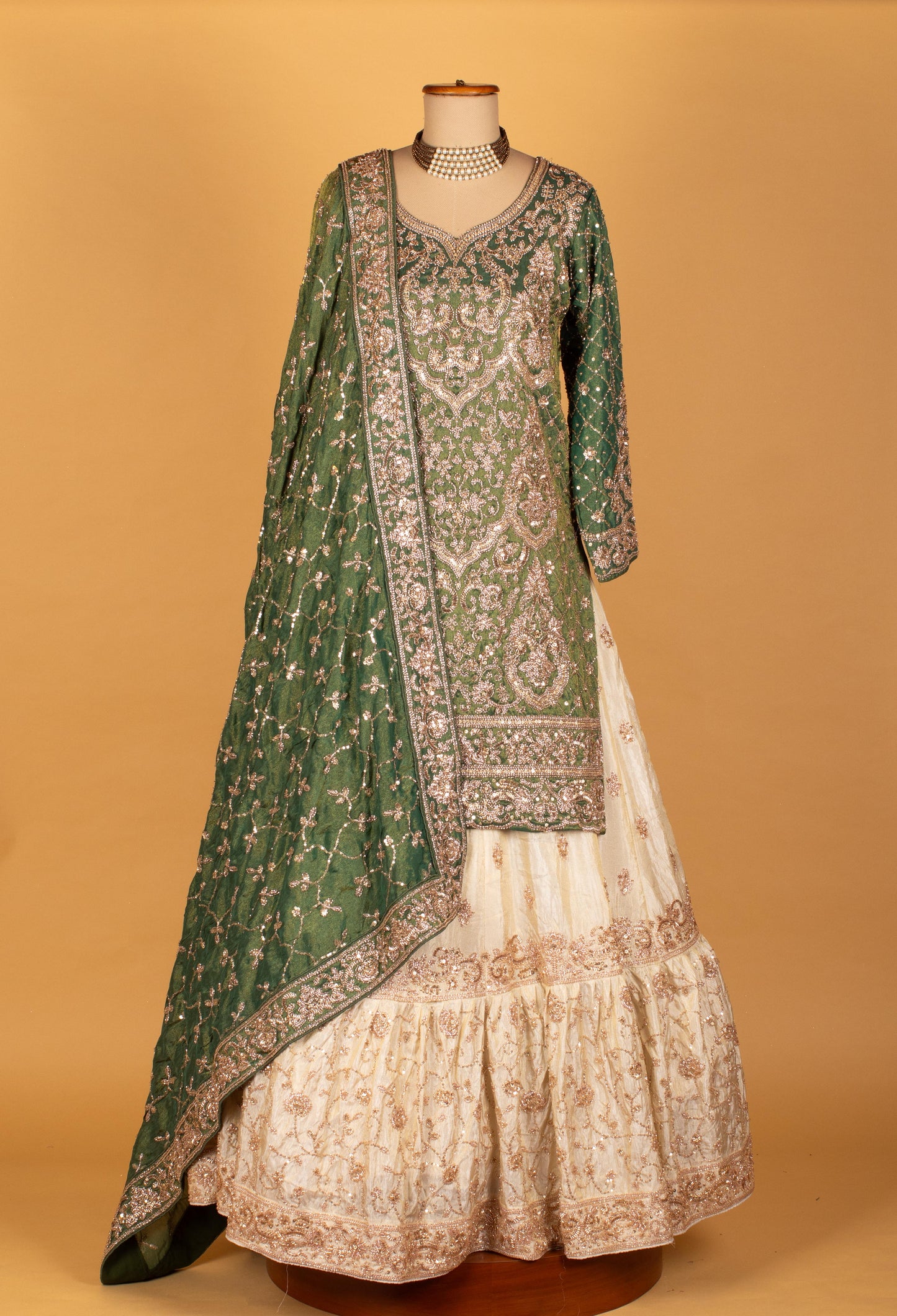 Emerald Green & Ivory Heavy Embroidered Crop Top Lehenga With Dupatta – Bridal/Designer Wear