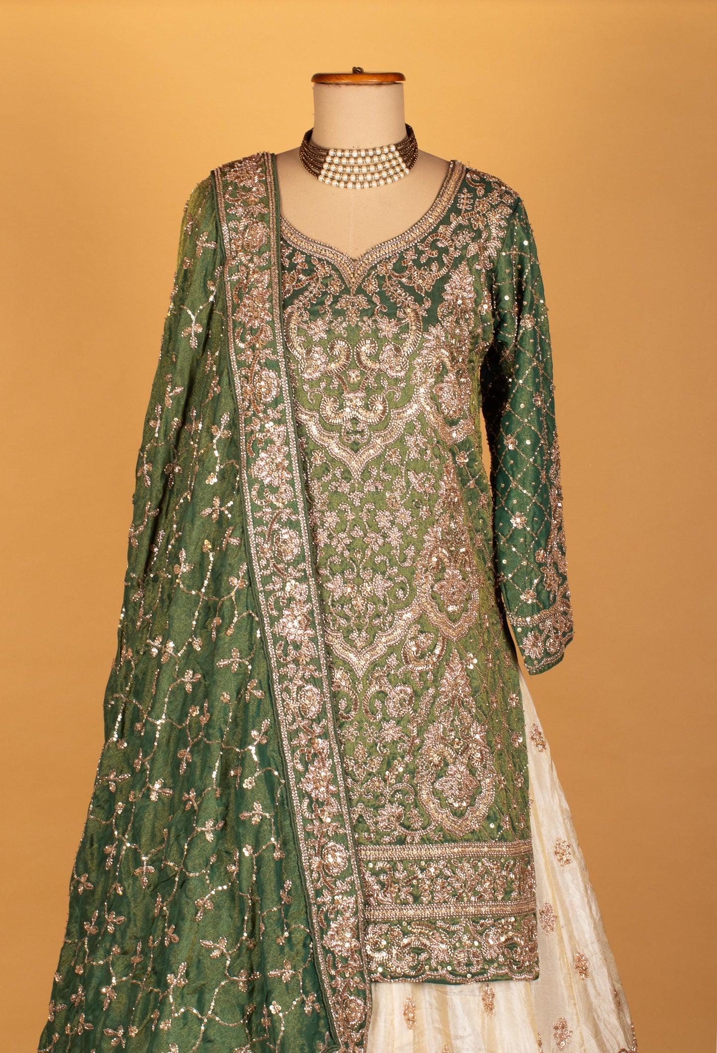 Emerald Green & Ivory Heavy Embroidered Crop Top Lehenga With Dupatta – Bridal/Designer Wear