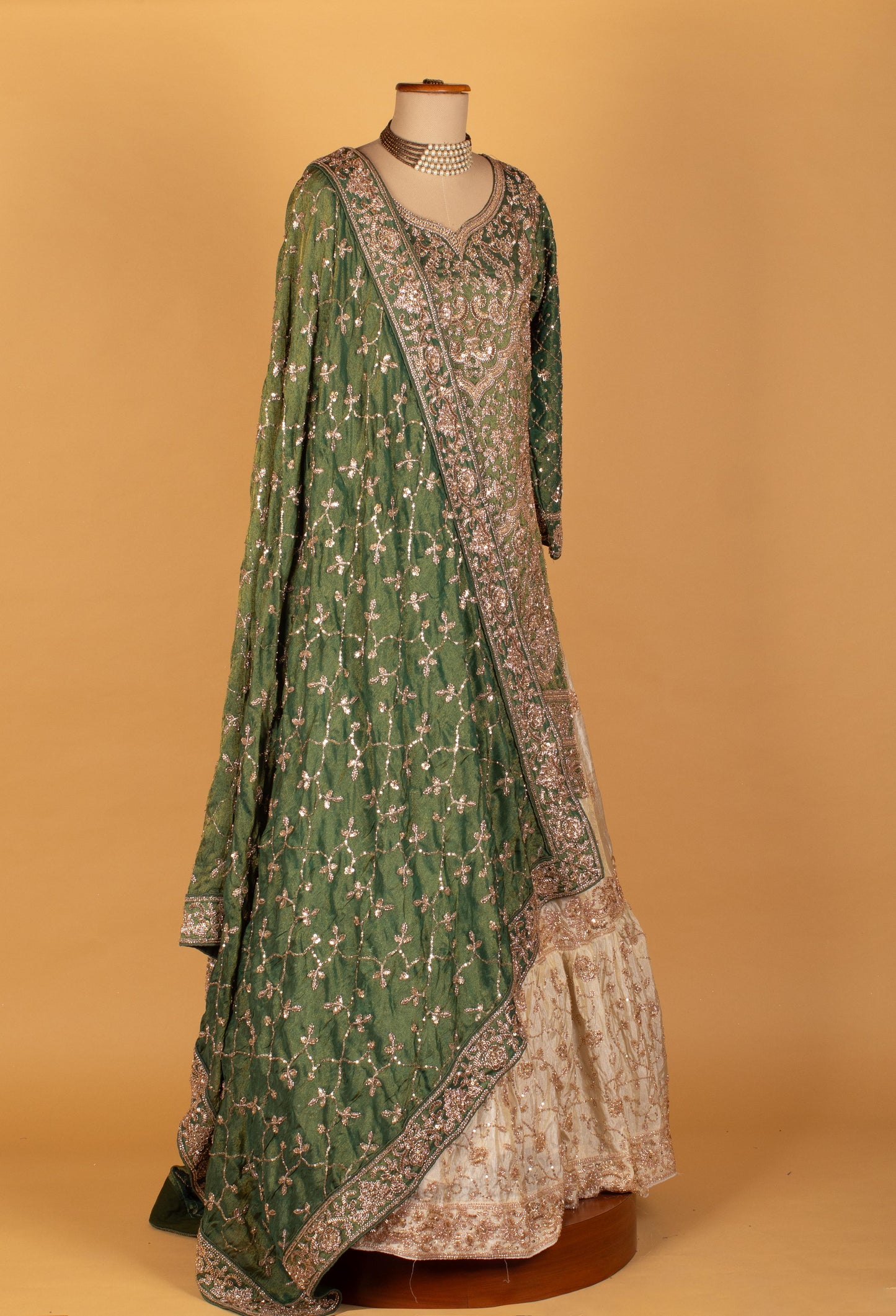 Emerald Green & Ivory Heavy Embroidered Crop Top Lehenga With Dupatta – Bridal/Designer Wear