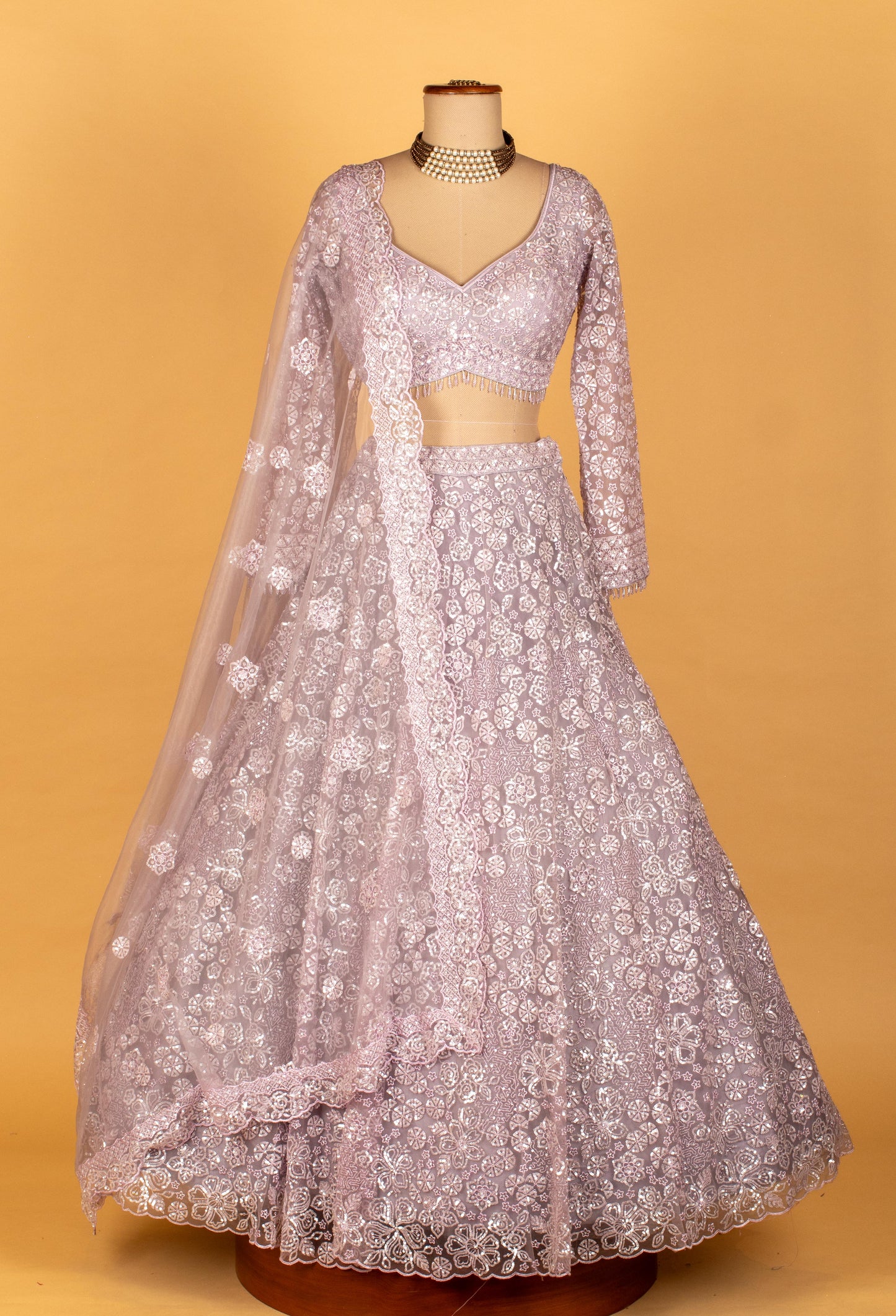 Lavender | Lavender sequin embroidered lehenga with long-sleeve crop top – product image 2 | 2