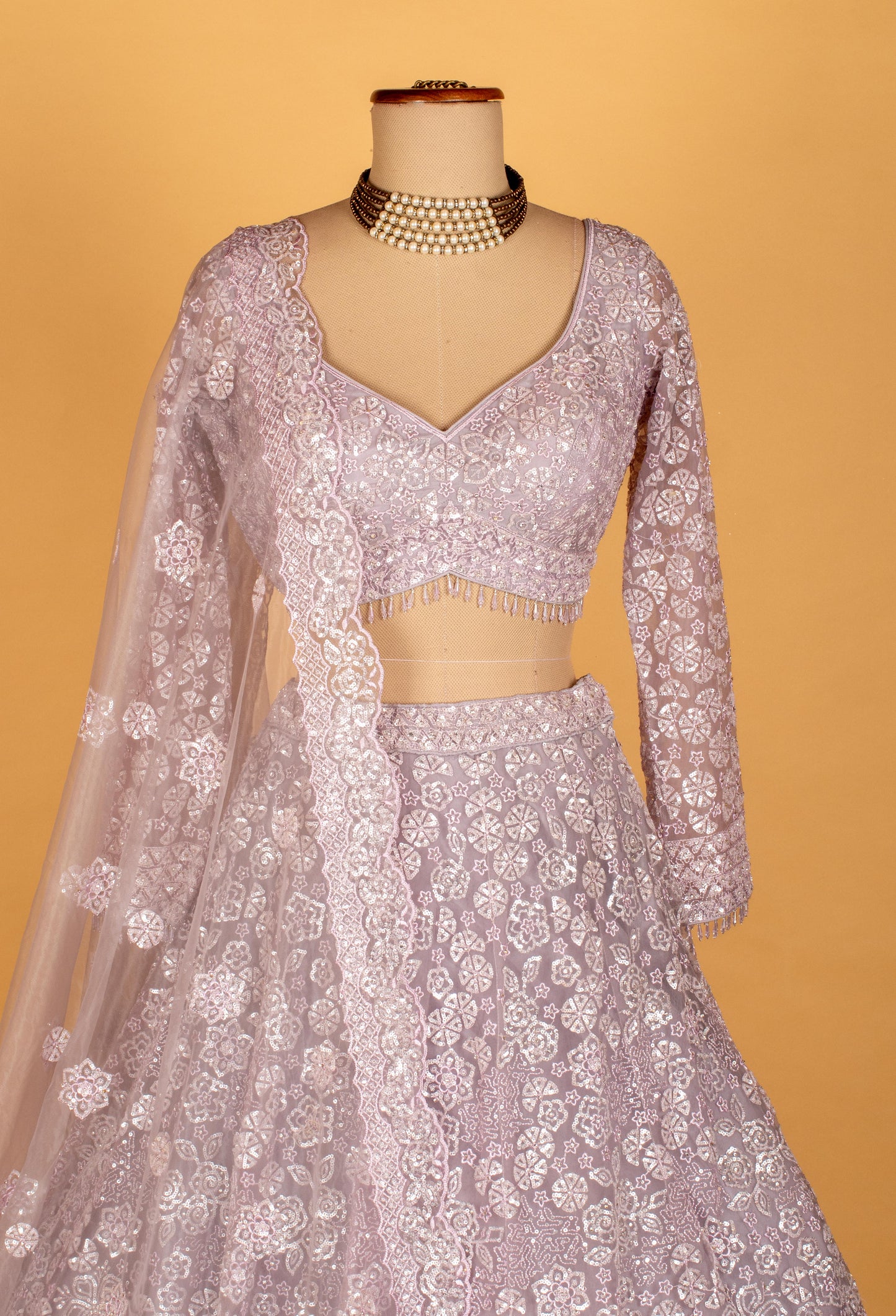 Lavender | Lavender sequin embroidered lehenga with long-sleeve crop top – product image 3 | 3