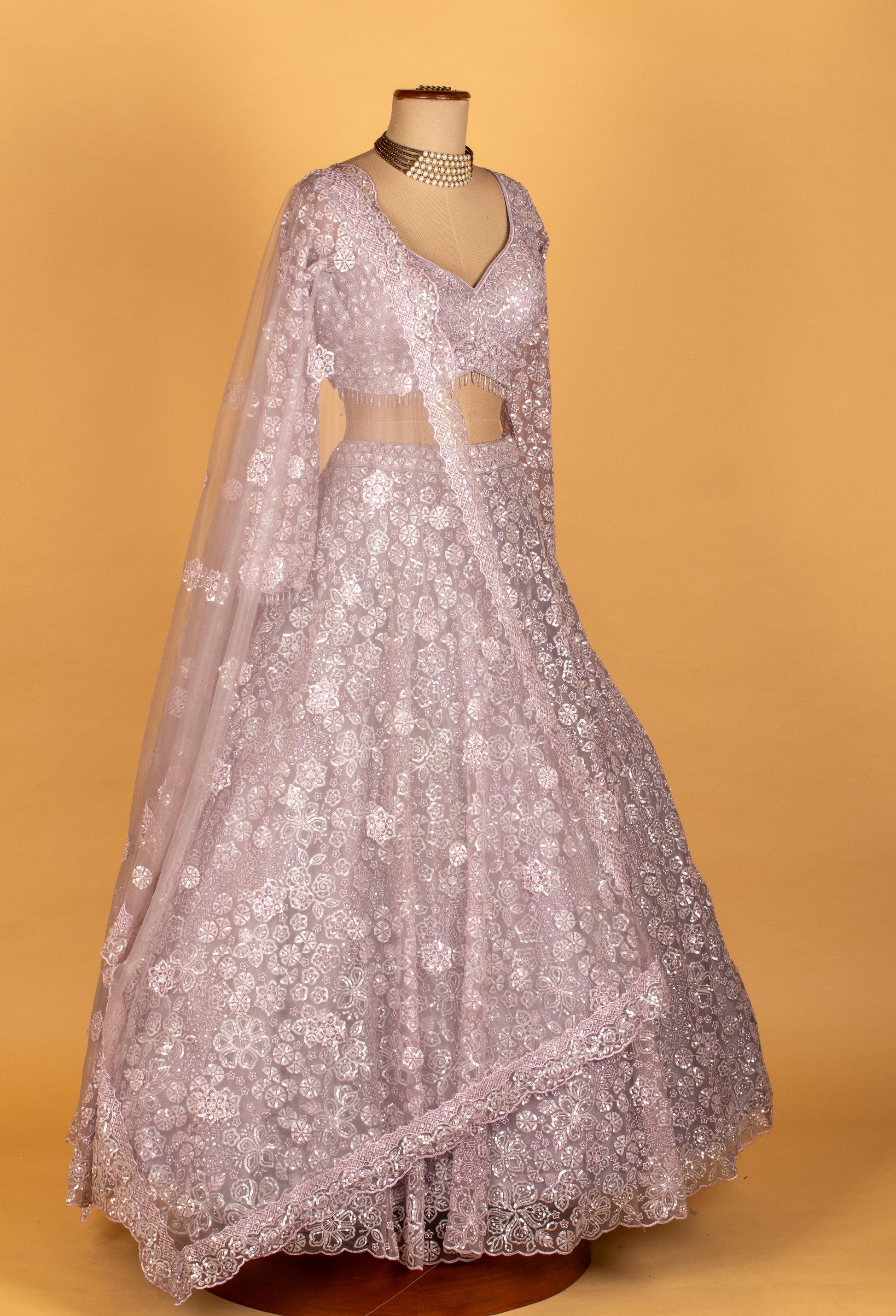 Lavender | Lavender sequin embroidered lehenga with long-sleeve crop top – product image 4 | 4