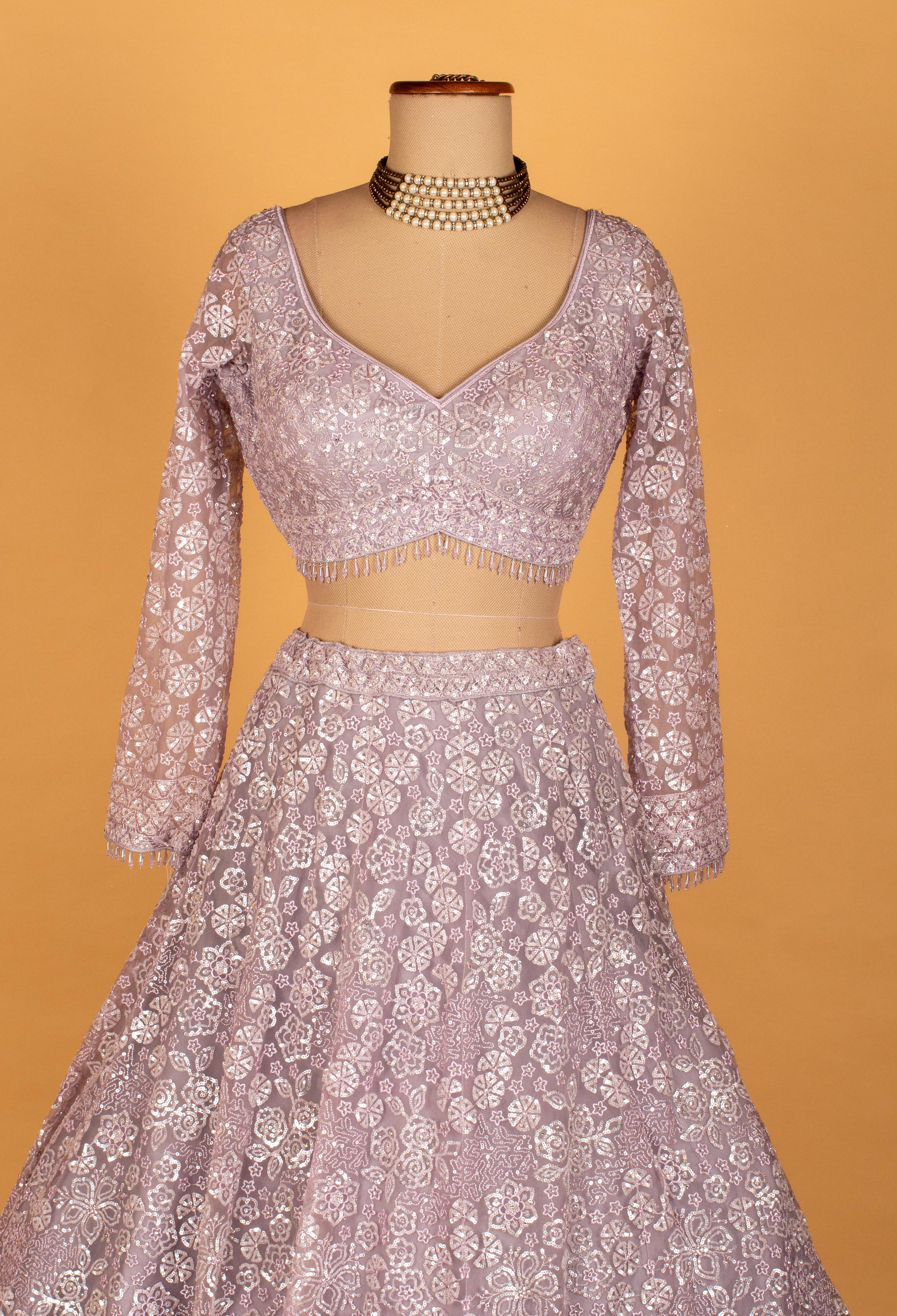 Lavender | Lavender sequin embroidered lehenga with long-sleeve crop top – product image 5 | 5