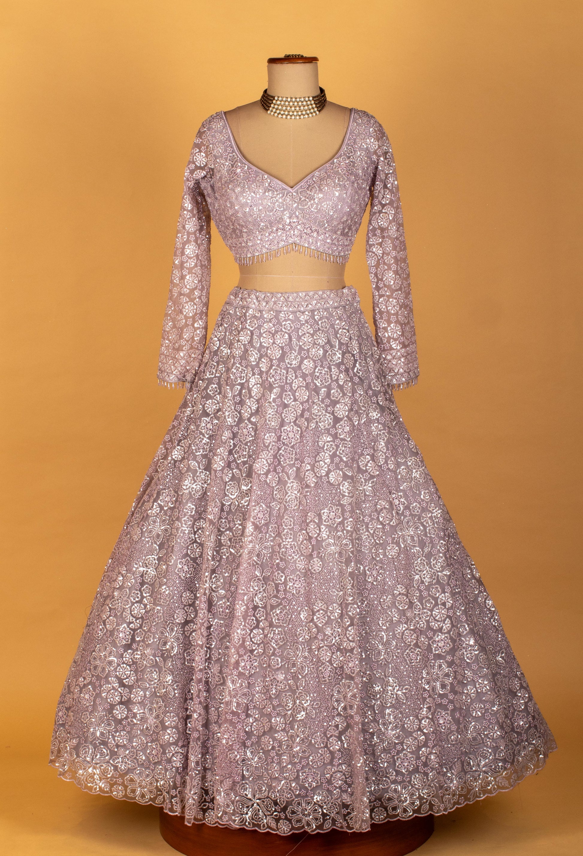 Lavender | Lavender sequin embroidered lehenga with long-sleeve crop top – product image 6 | 6