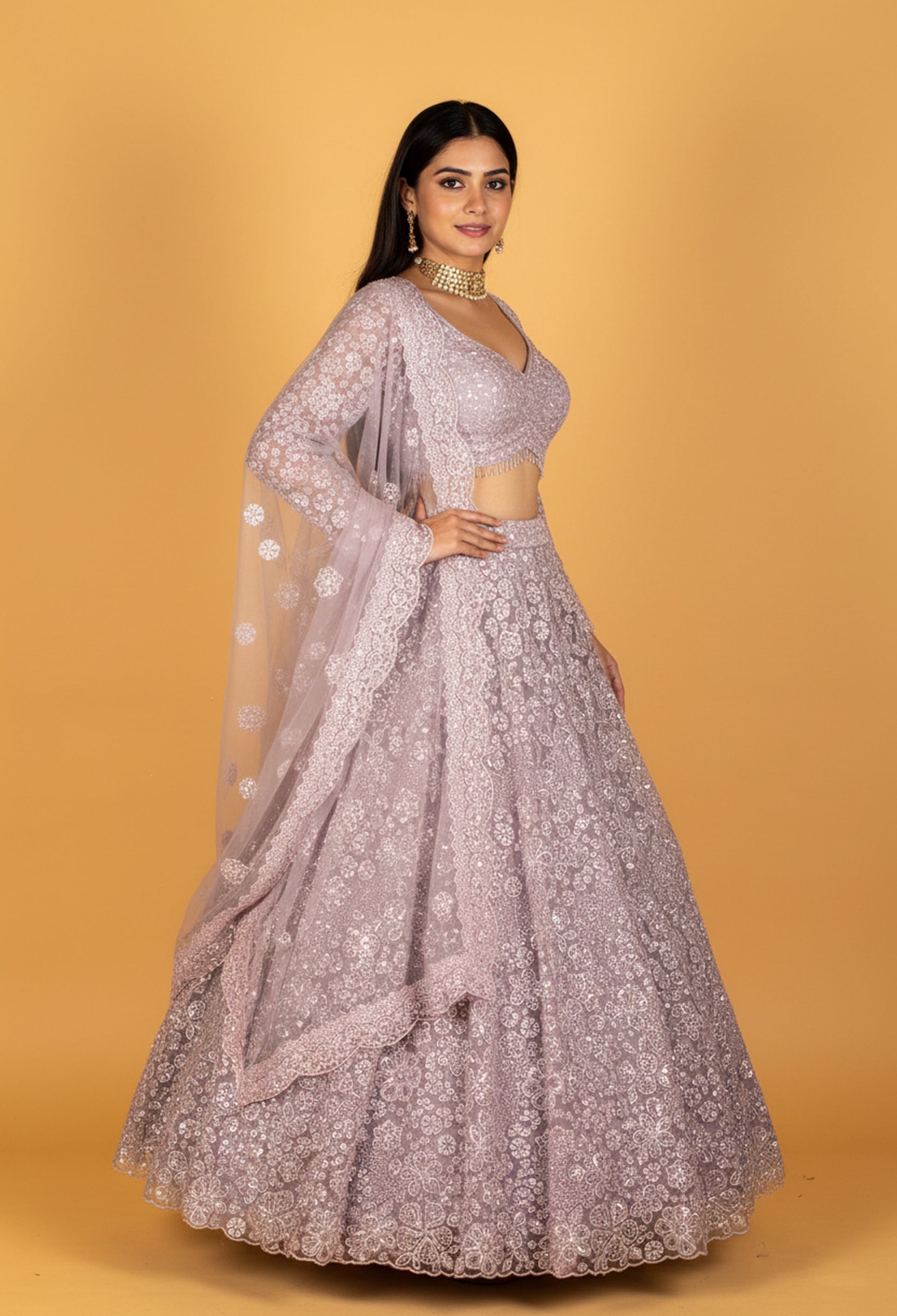 Lavender | Lavender sequin embroidered lehenga with long-sleeve crop top – product image 1 | 1