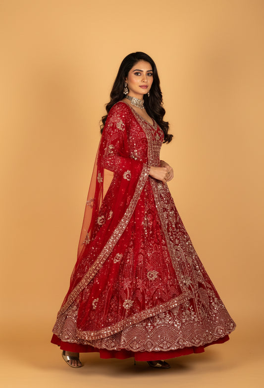 "  Red Heavy Embellished Bridal Gown with Silver Sequin & Zari Work"