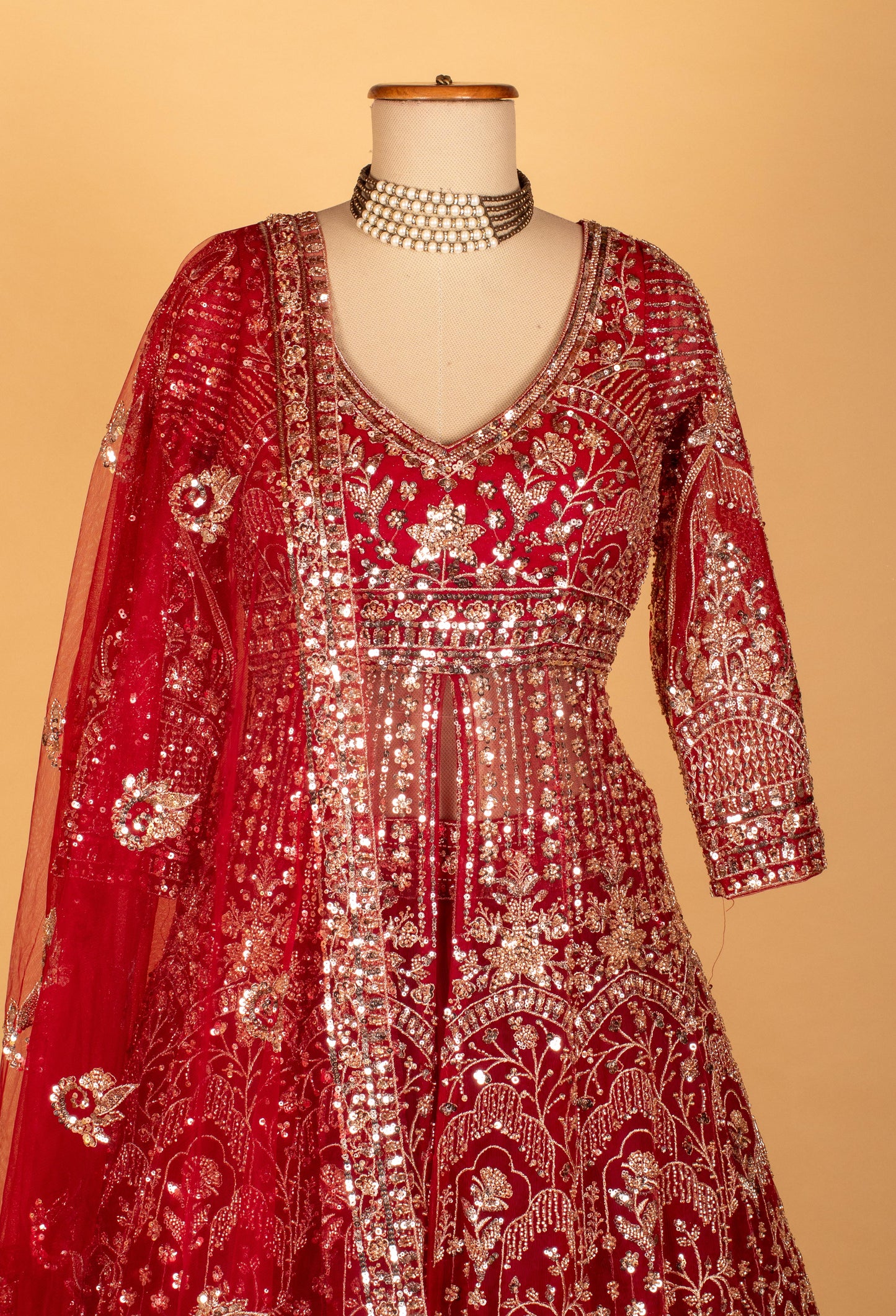 "  Red Heavy Embellished Bridal Gown with Silver Sequin & Zari Work"