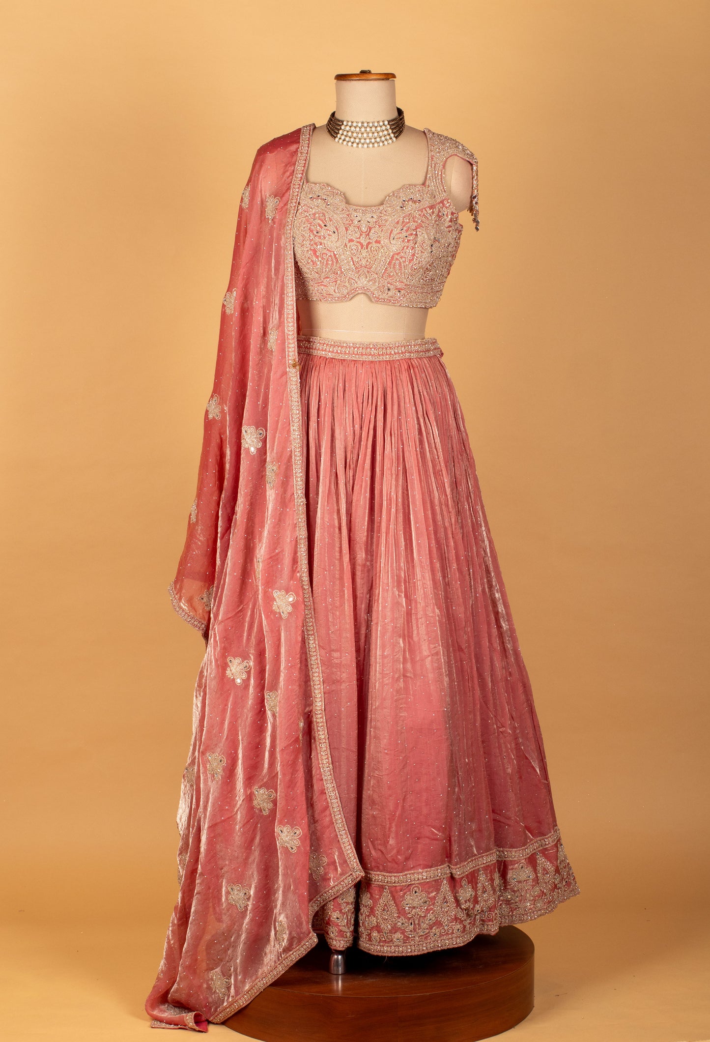 Blush Pink Heavy Embroidered Velvet Crop Top Lehenga Set