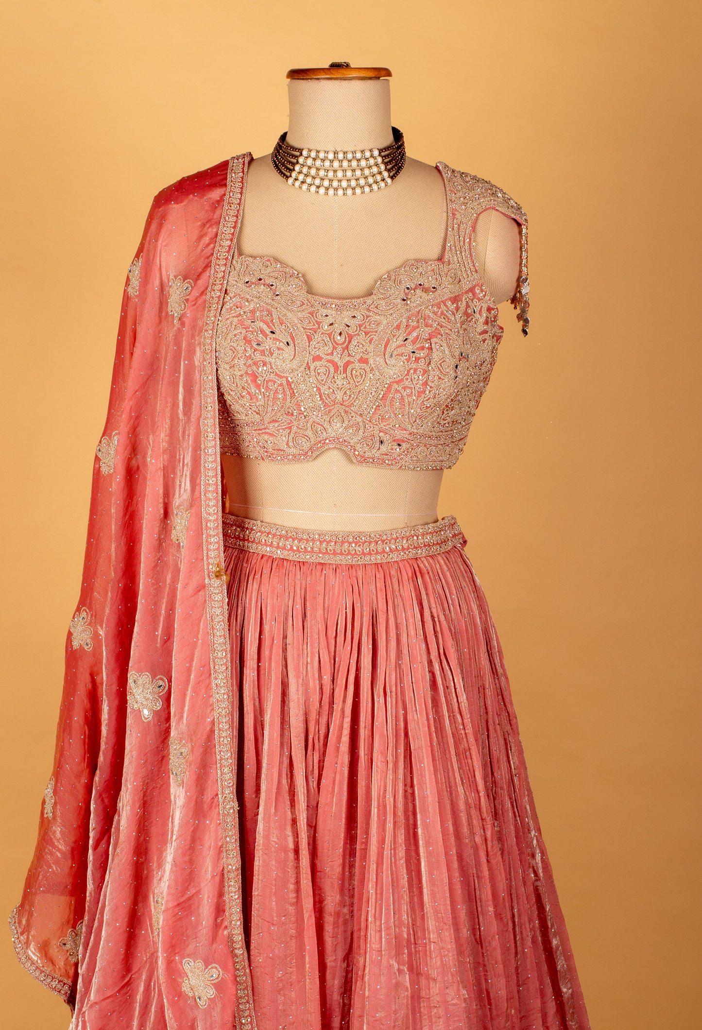 Blush Pink Heavy Embroidered Velvet Crop Top Lehenga Set