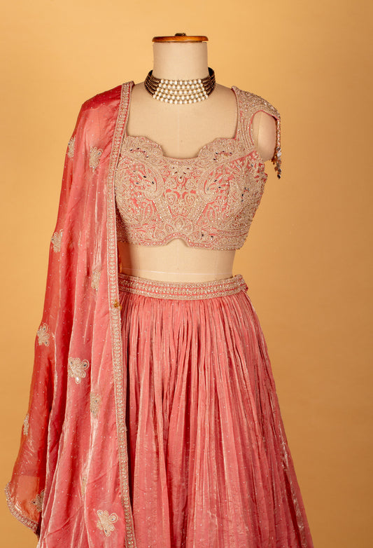 Blush pink embroidered velvet crop-top lehenga set – product image 2