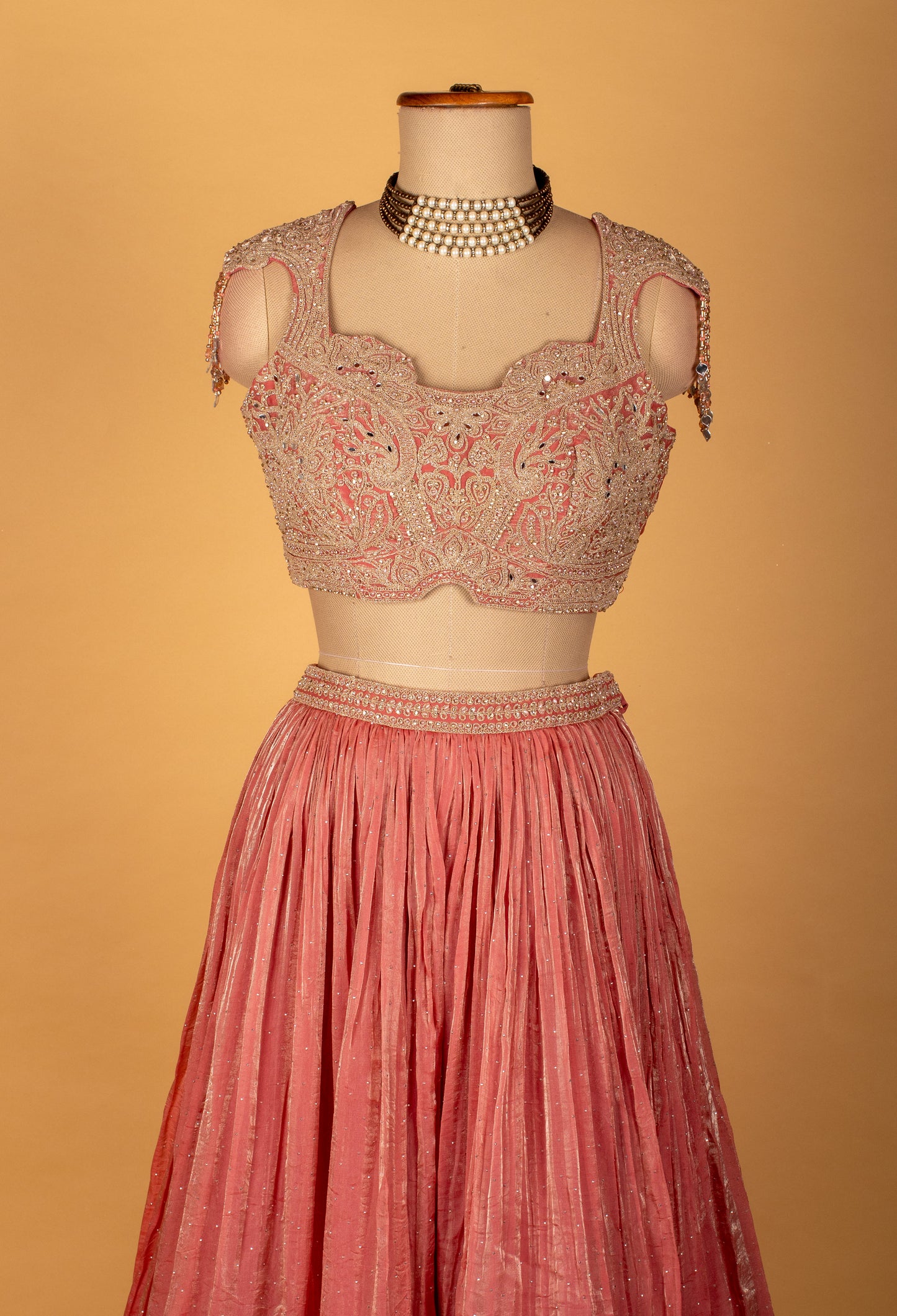 Blush Pink Heavy Embroidered Velvet Crop Top Lehenga Set