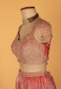 Blush Pink Heavy Embroidered Velvet Crop Top Lehenga Set