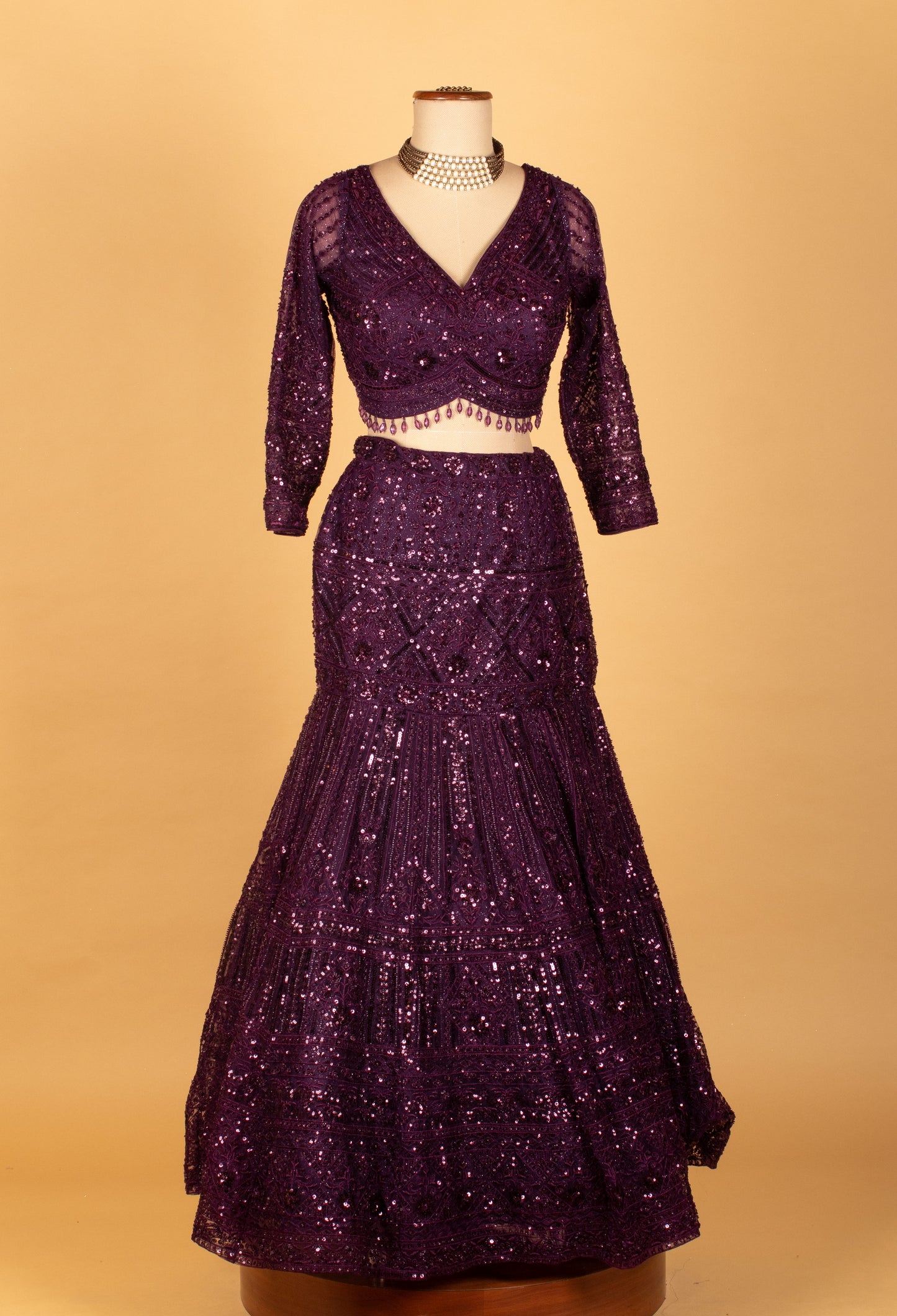 Deep Plum Sequin Embroidered Lehenga Set with Sheer Dupatta