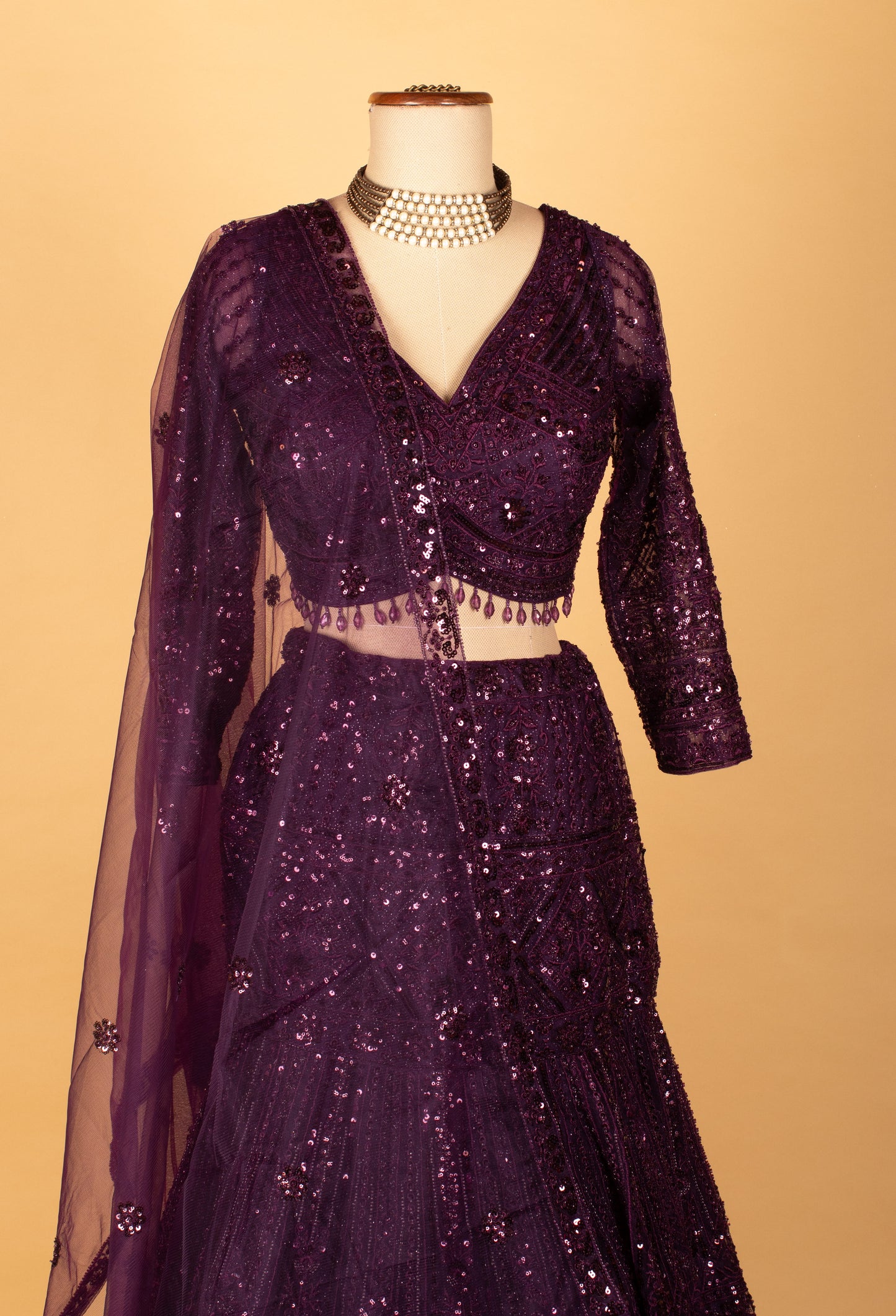 Deep Plum Sequin Embroidered Lehenga Set with Sheer Dupatta