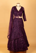 Deep Plum Sequin Embroidered Lehenga Set with Sheer Dupatta