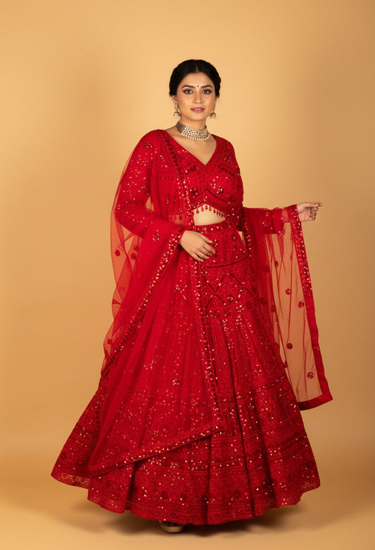 Embellished Scarlet Sequin Lehenga Set with V-Neck Blouse & Net Dupatta