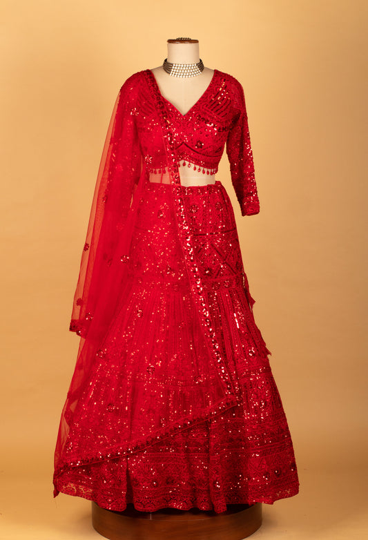 Scarlet red sequin embroidered lehenga with net dupatta – product image 2