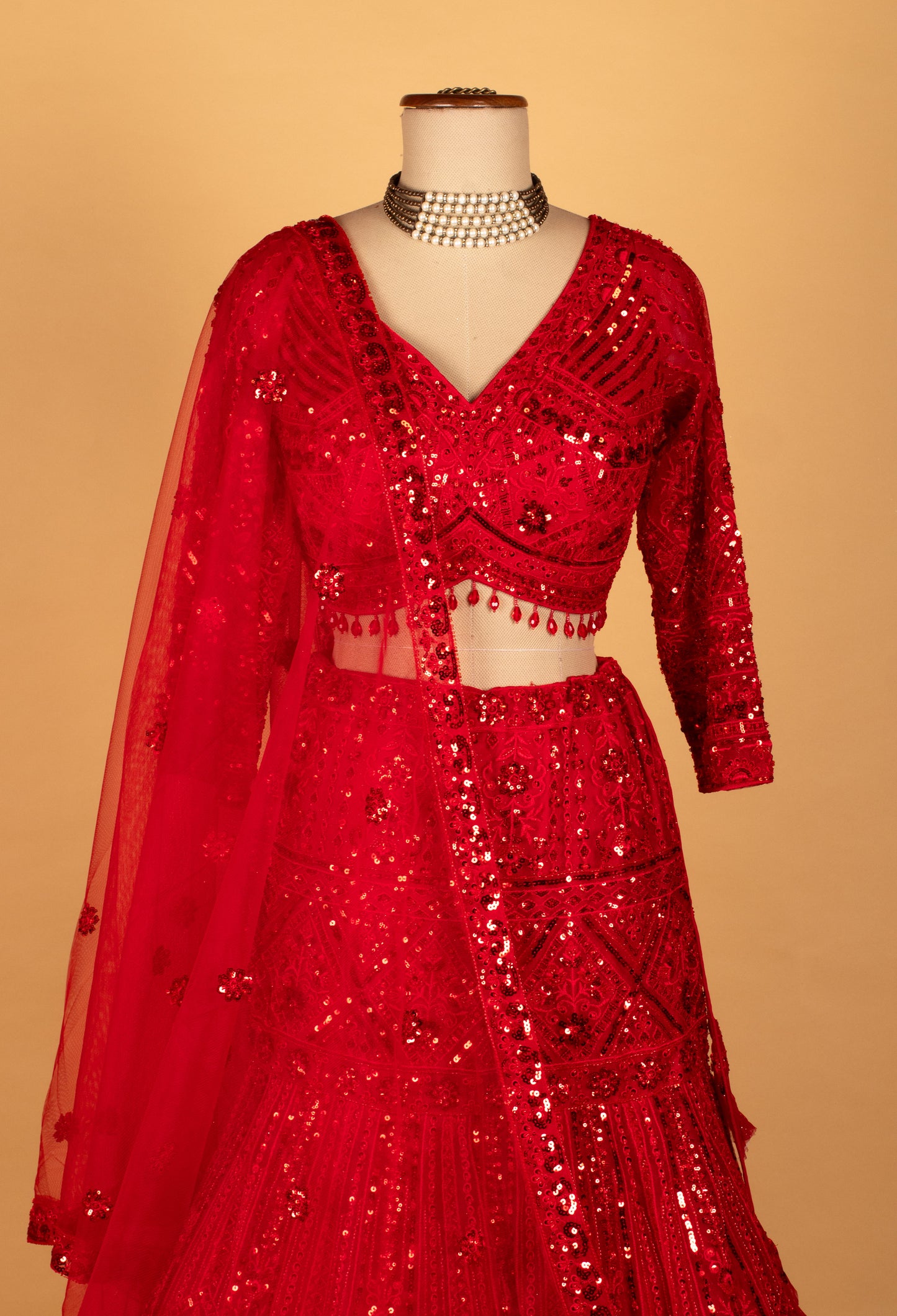 Embellished Scarlet Sequin Lehenga Set with V-Neck Blouse & Net Dupatta