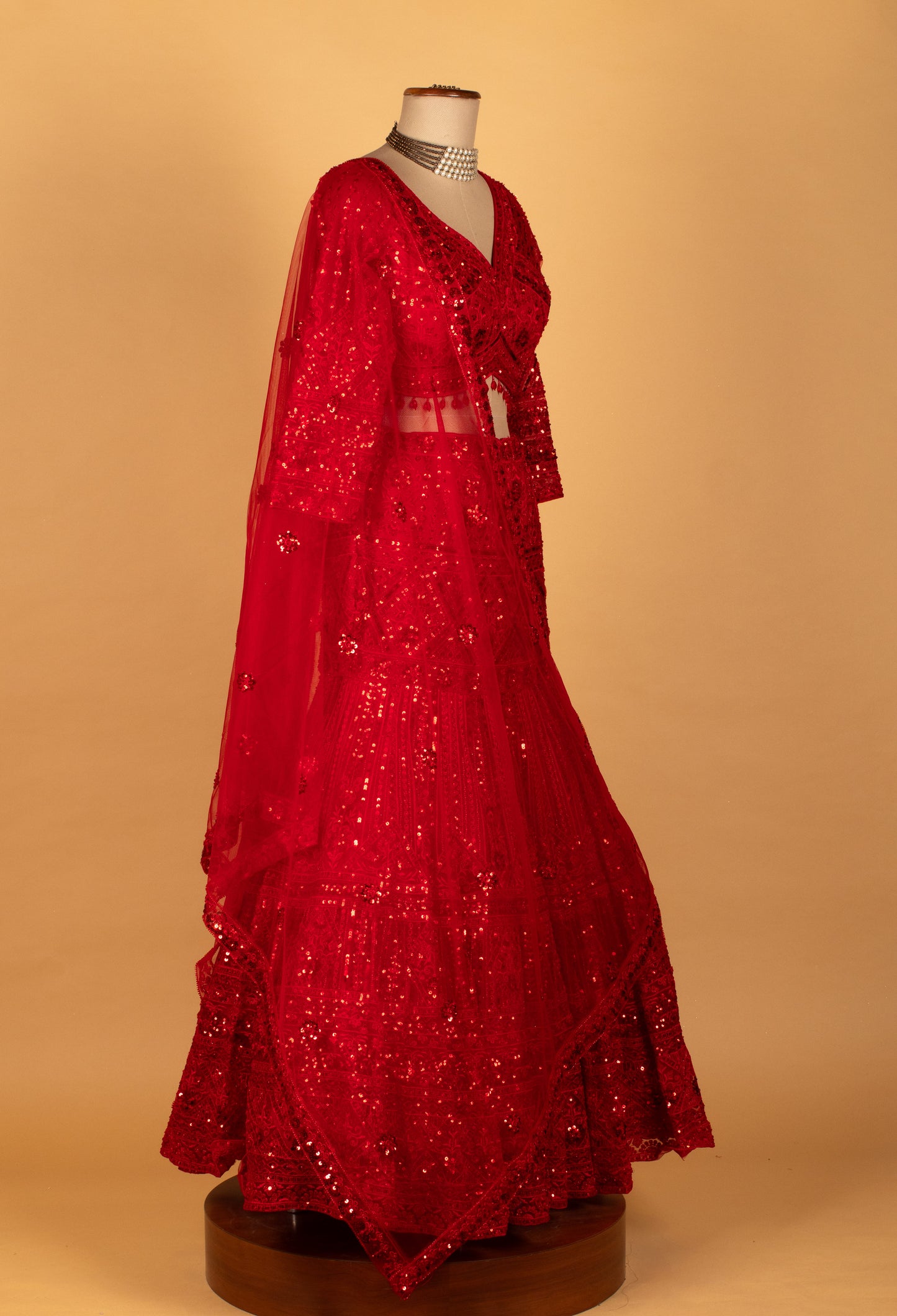 Embellished Scarlet Sequin Lehenga Set with V-Neck Blouse & Net Dupatta