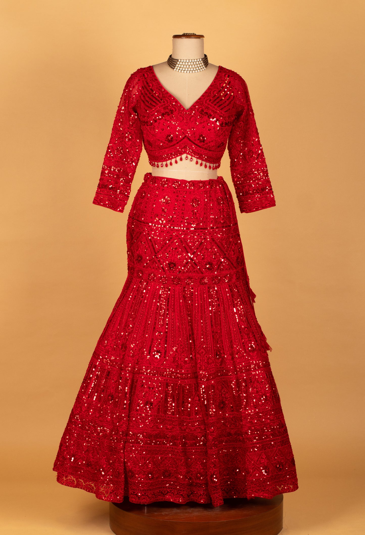 Embellished Scarlet Sequin Lehenga Set with V-Neck Blouse & Net Dupatta